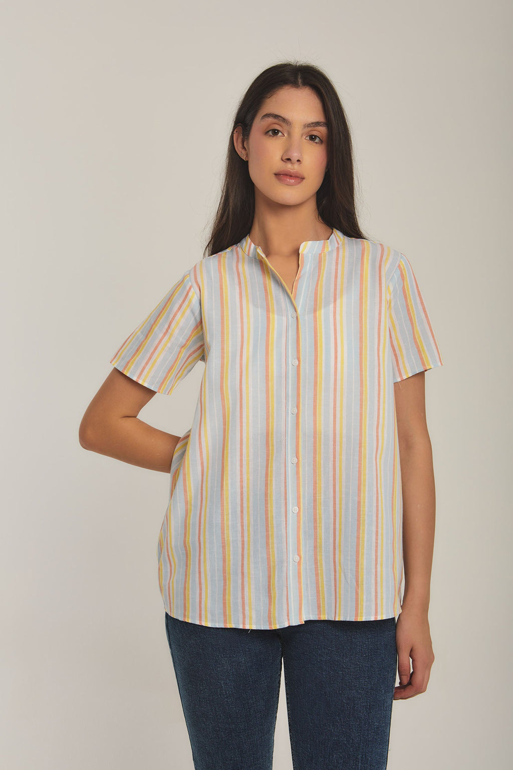 Women Blouse Cotton Striped short sleeve Blue