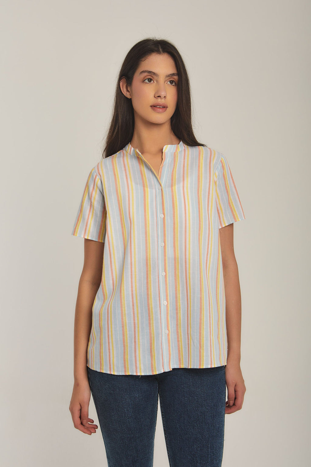 Women Blouse Cotton Striped short sleeve Blue