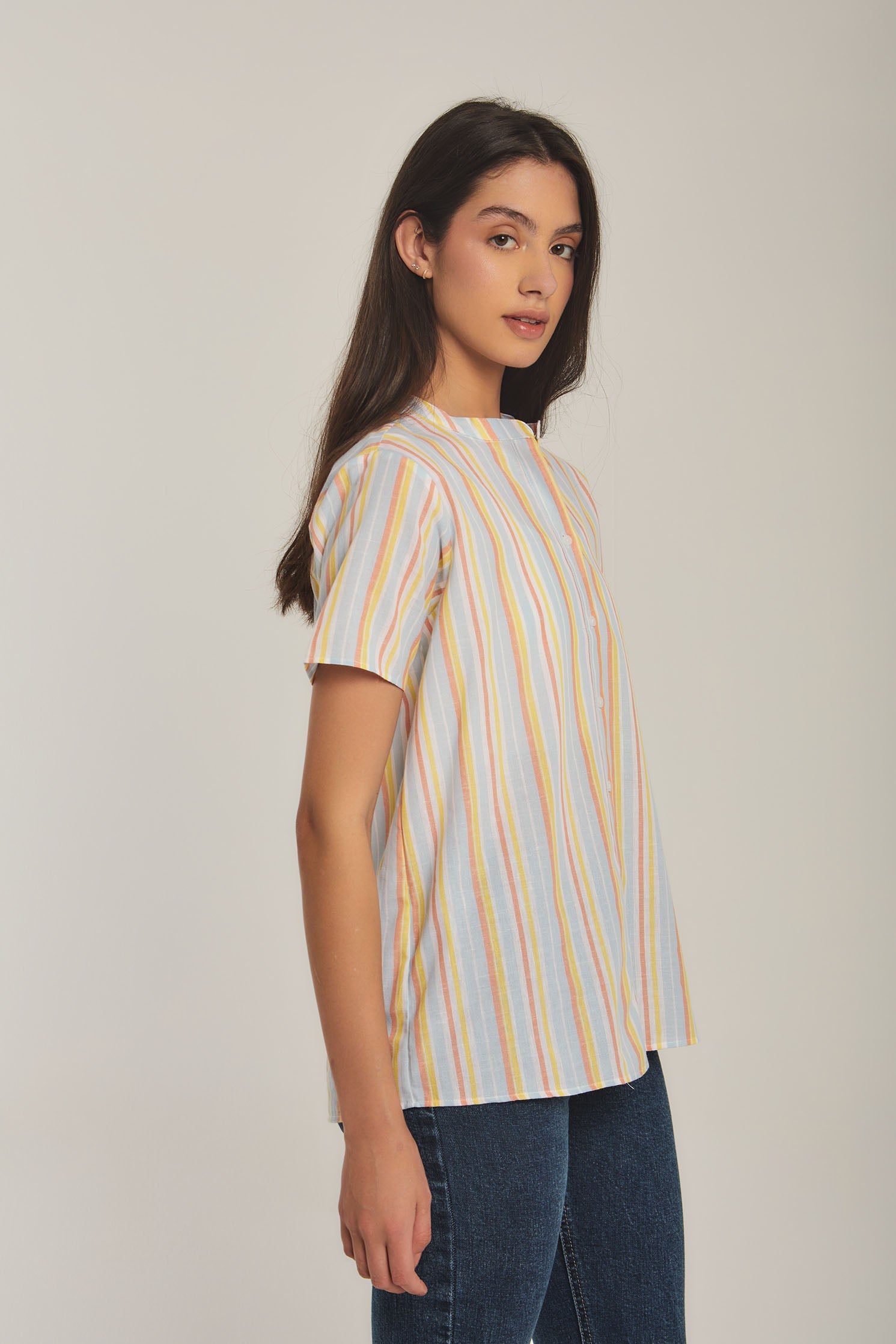 Women Blouse Cotton Striped short sleeve Blue