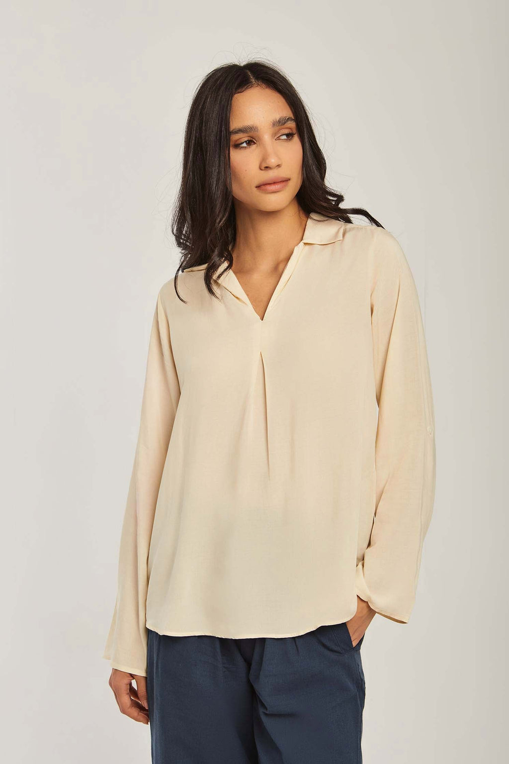 Women-Blouse Casual Long Sleeve Solid Shirt 
 Small Off White