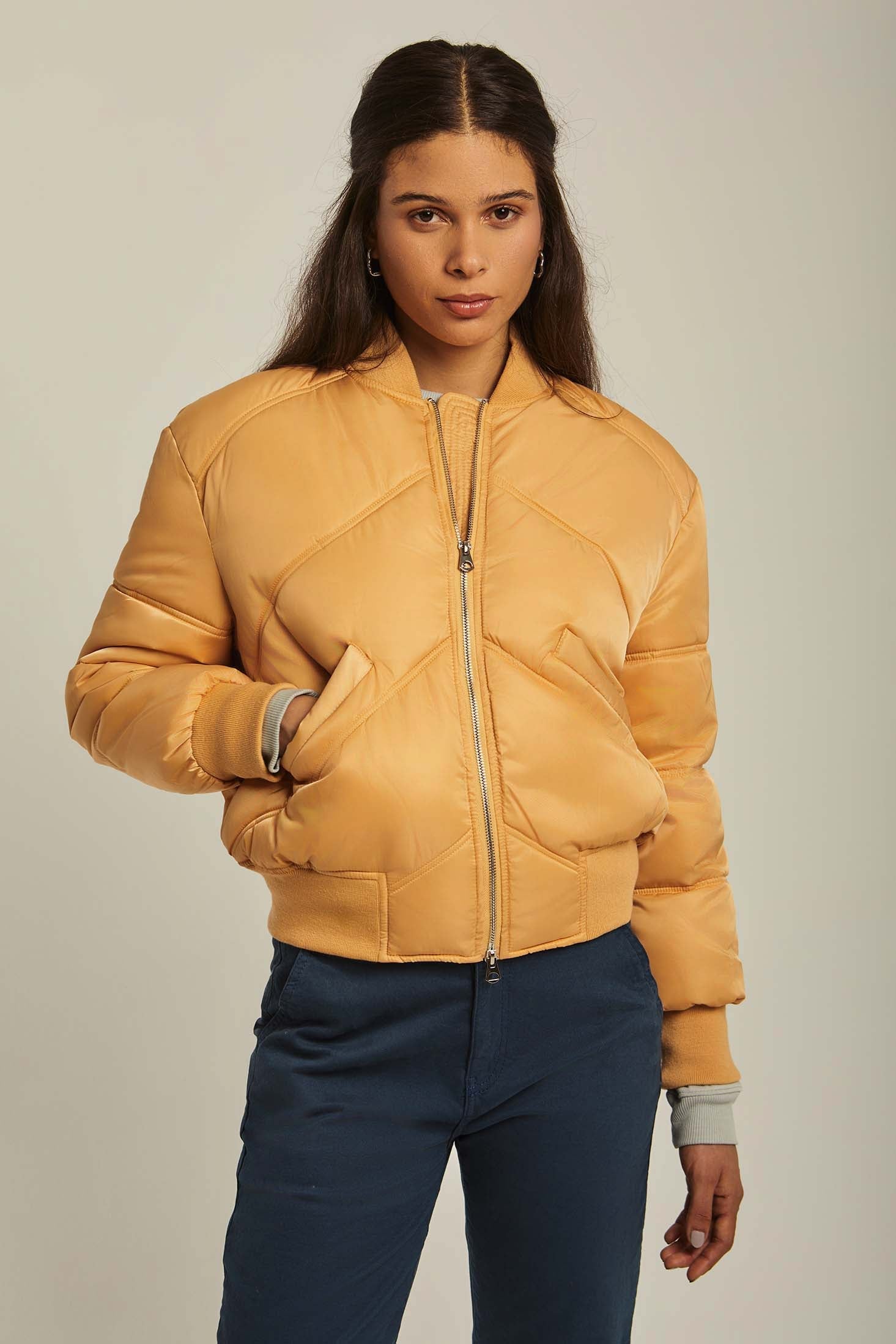 Women Jacket Long Loose Bomber Beige