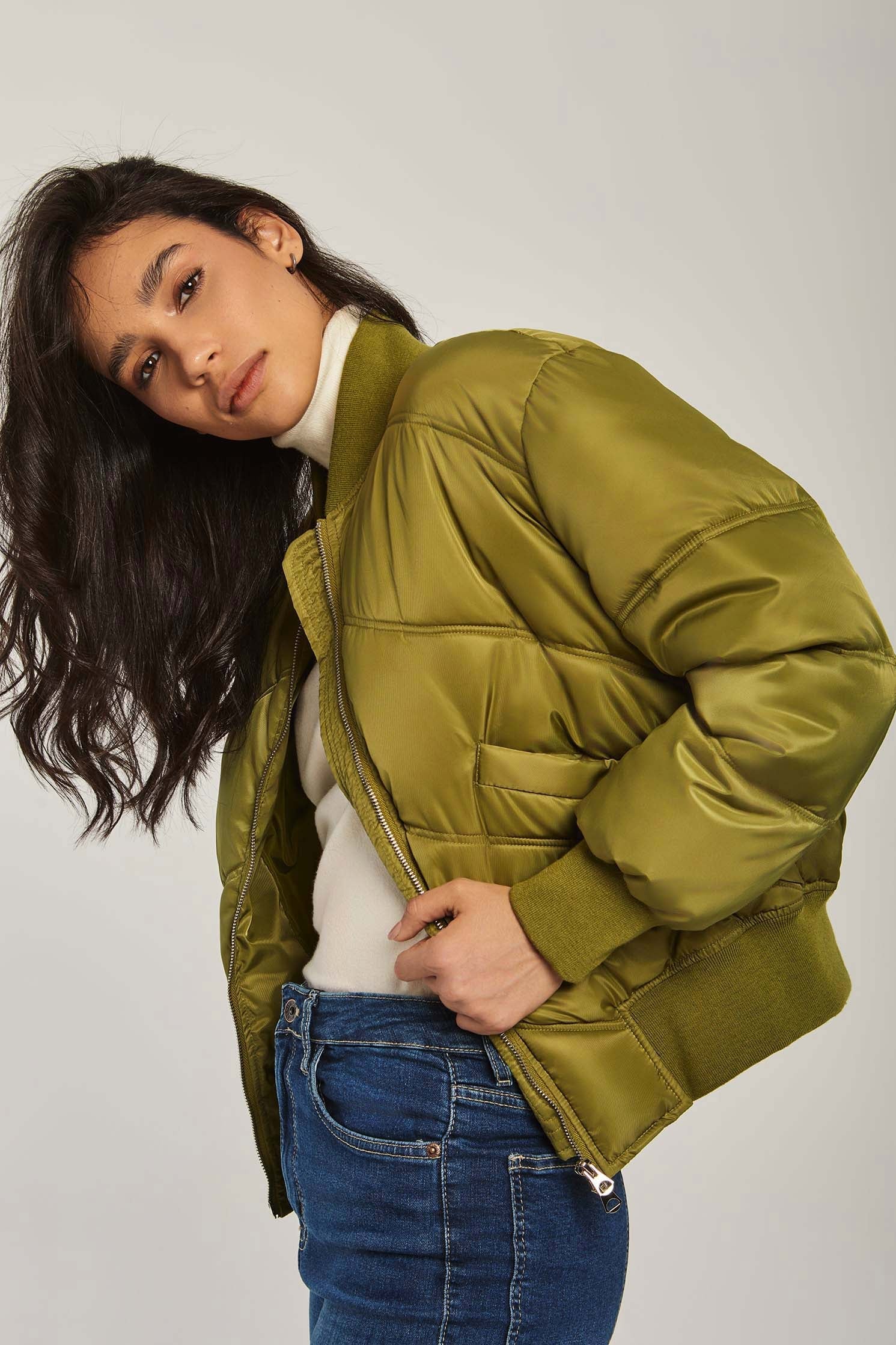 Women Jacket Long Loose Bomber Green