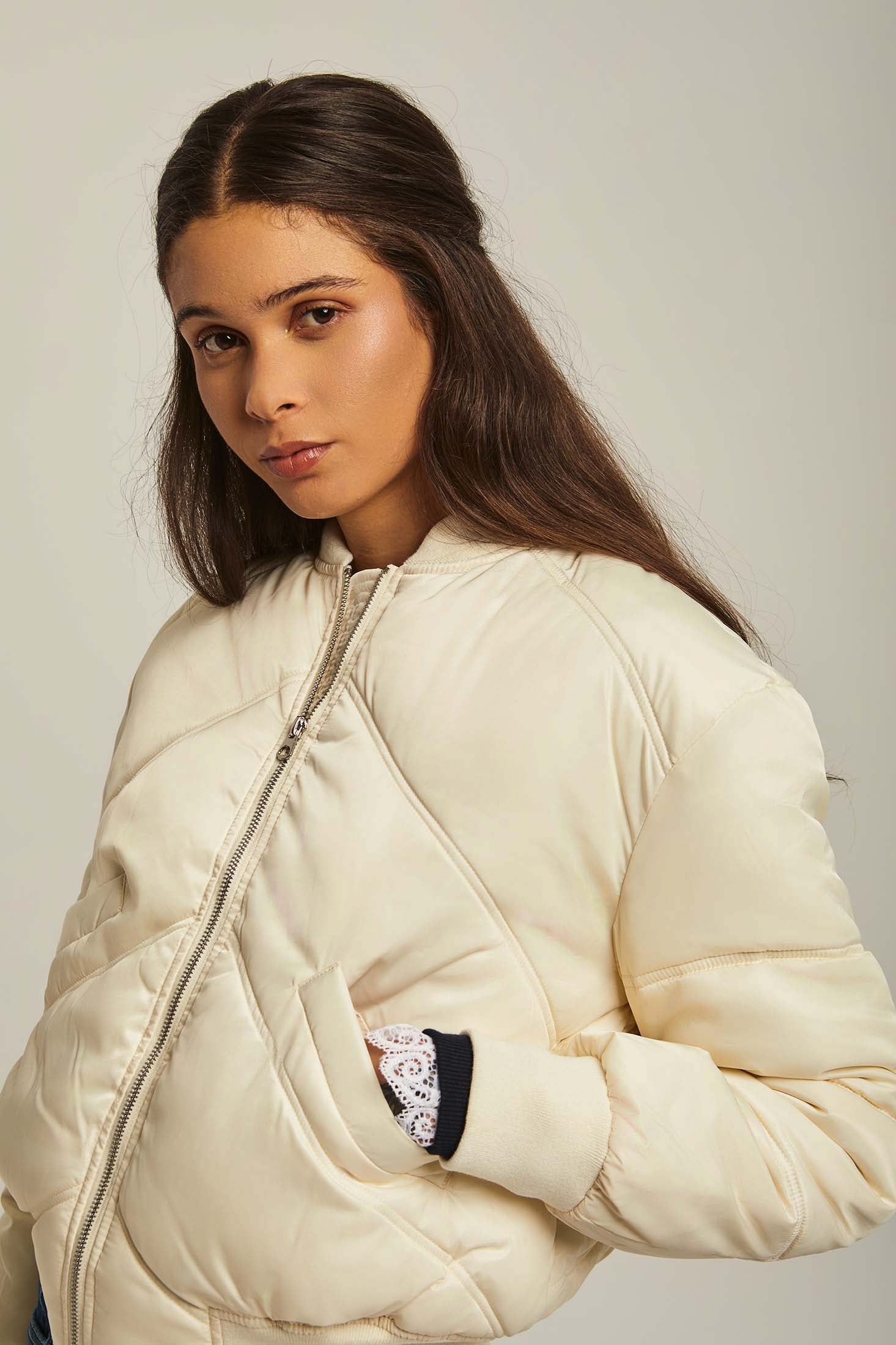 Women Jacket Long Loose Bomber Off White