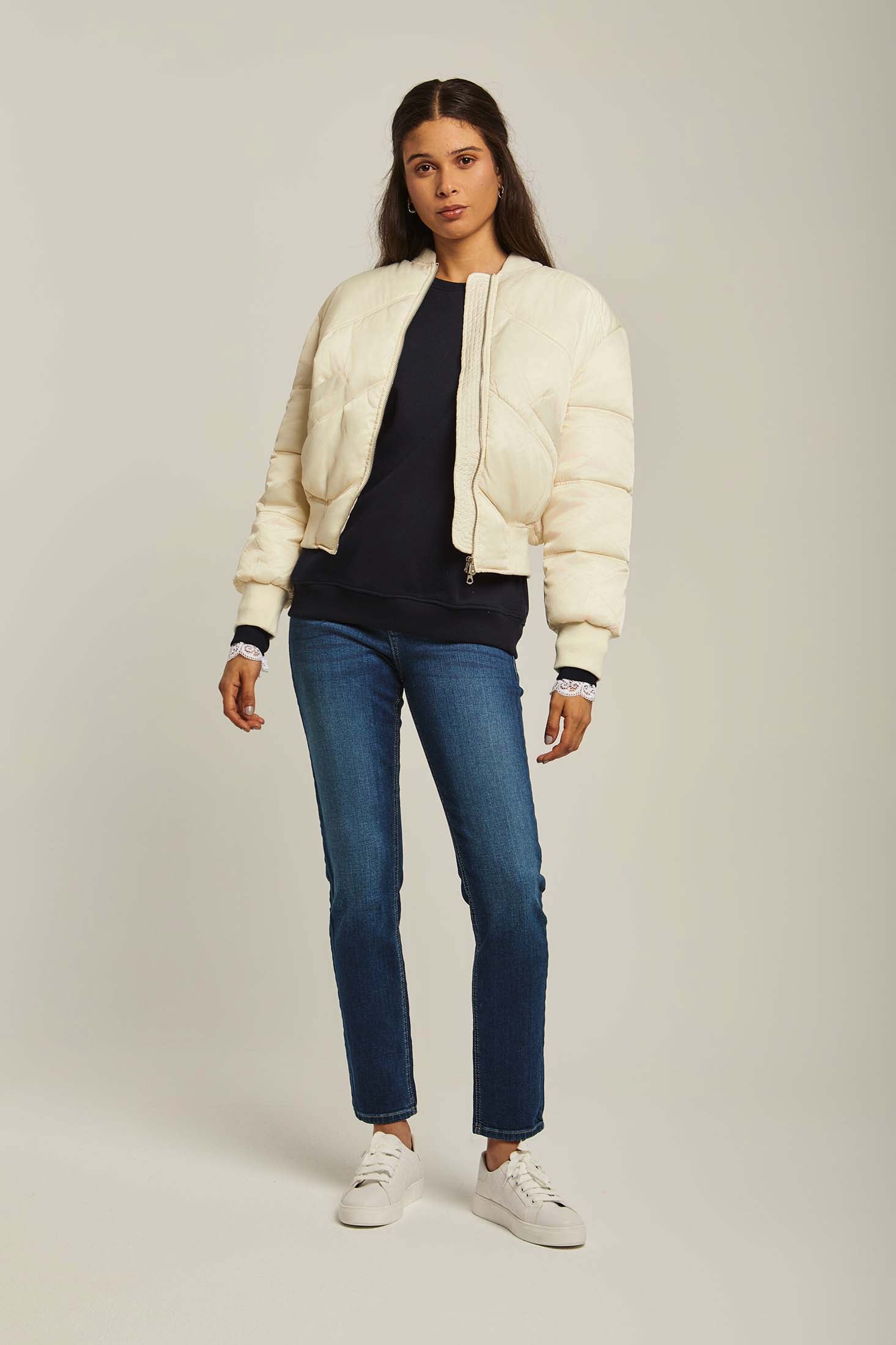 Women Jacket Long Loose Bomber Off White