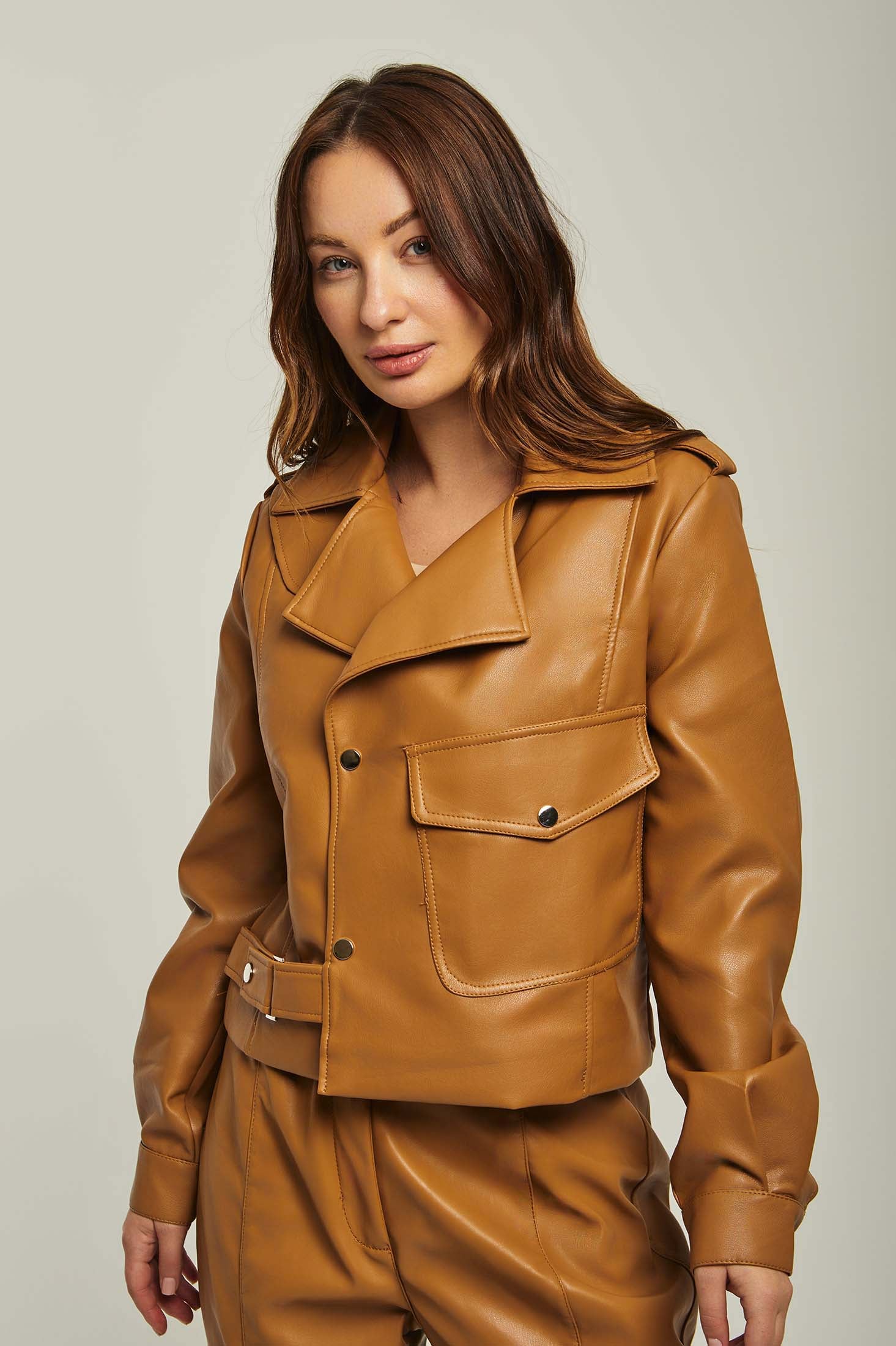 Women Jacket Leather Biker Brown