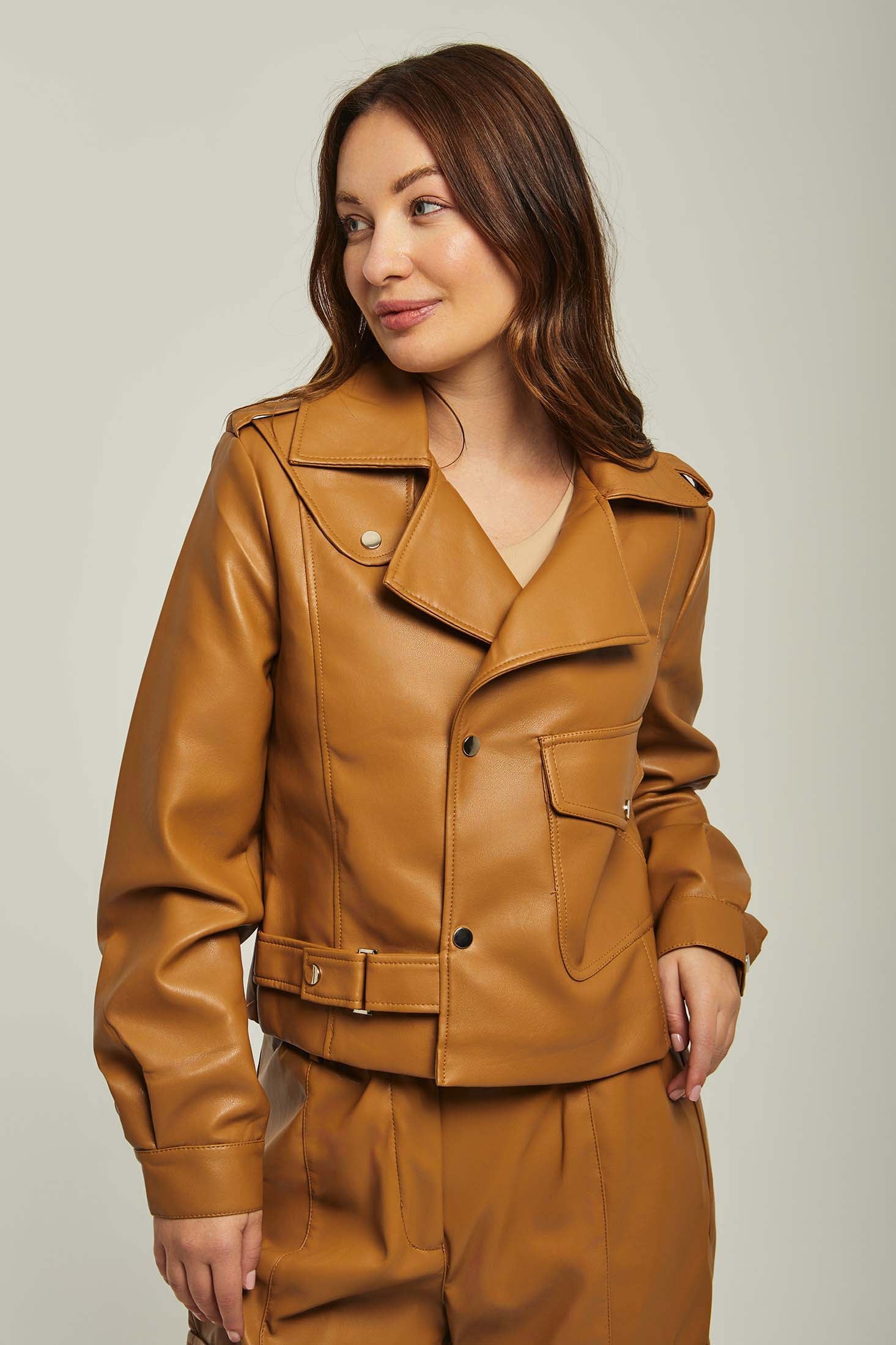Women Jacket Leather Biker Brown