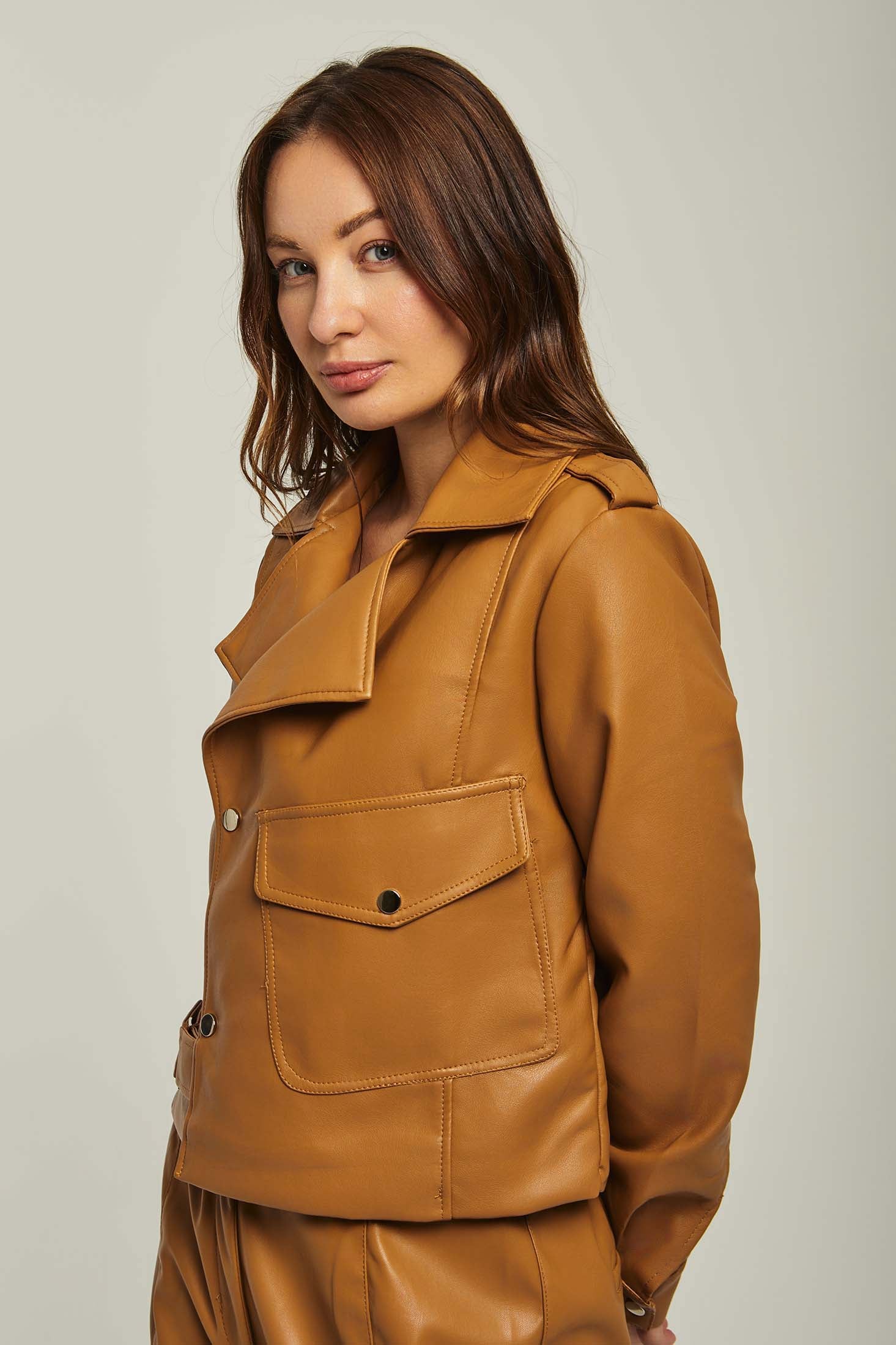 Women Jacket Leather Biker Brown