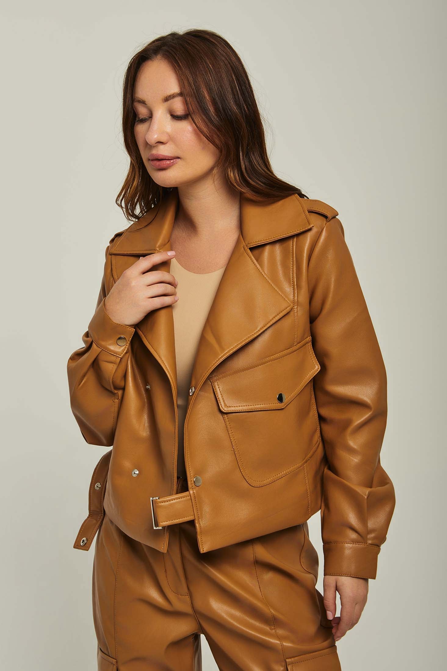 Women Jacket Leather Biker Brown