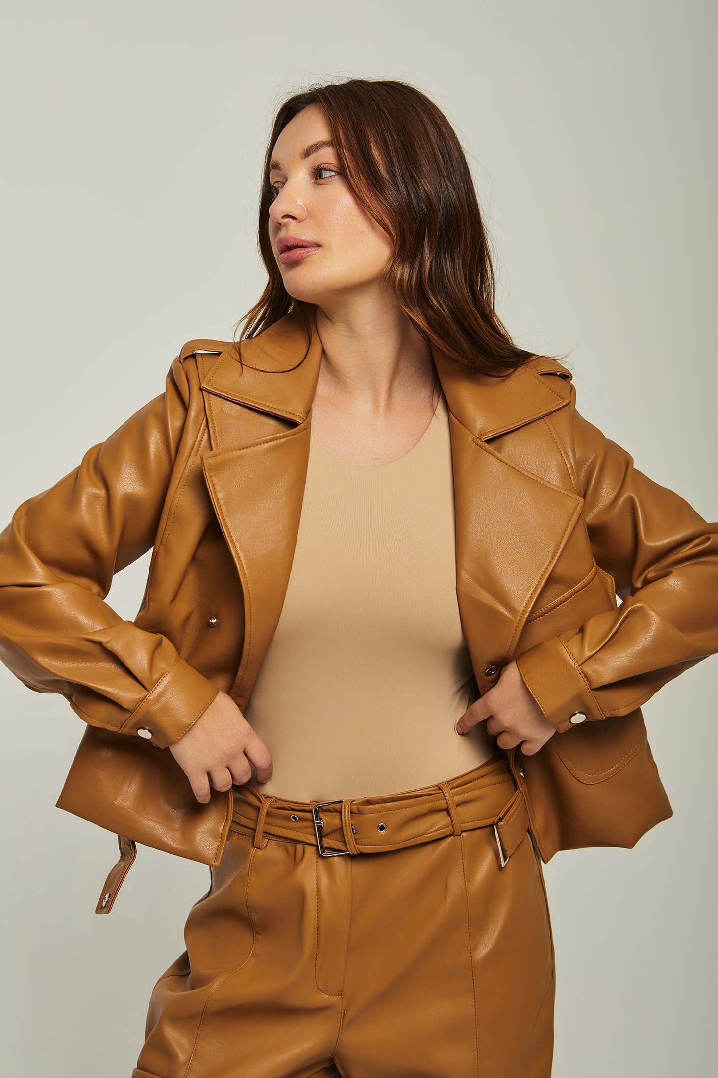 Women Jacket Leather Biker Brown