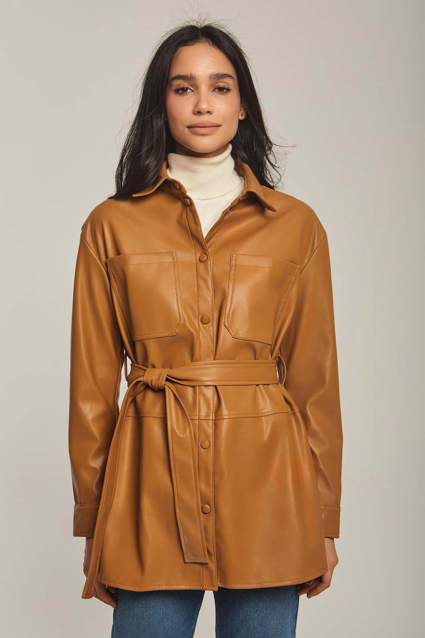 Women Overshirt Leather Long Brown