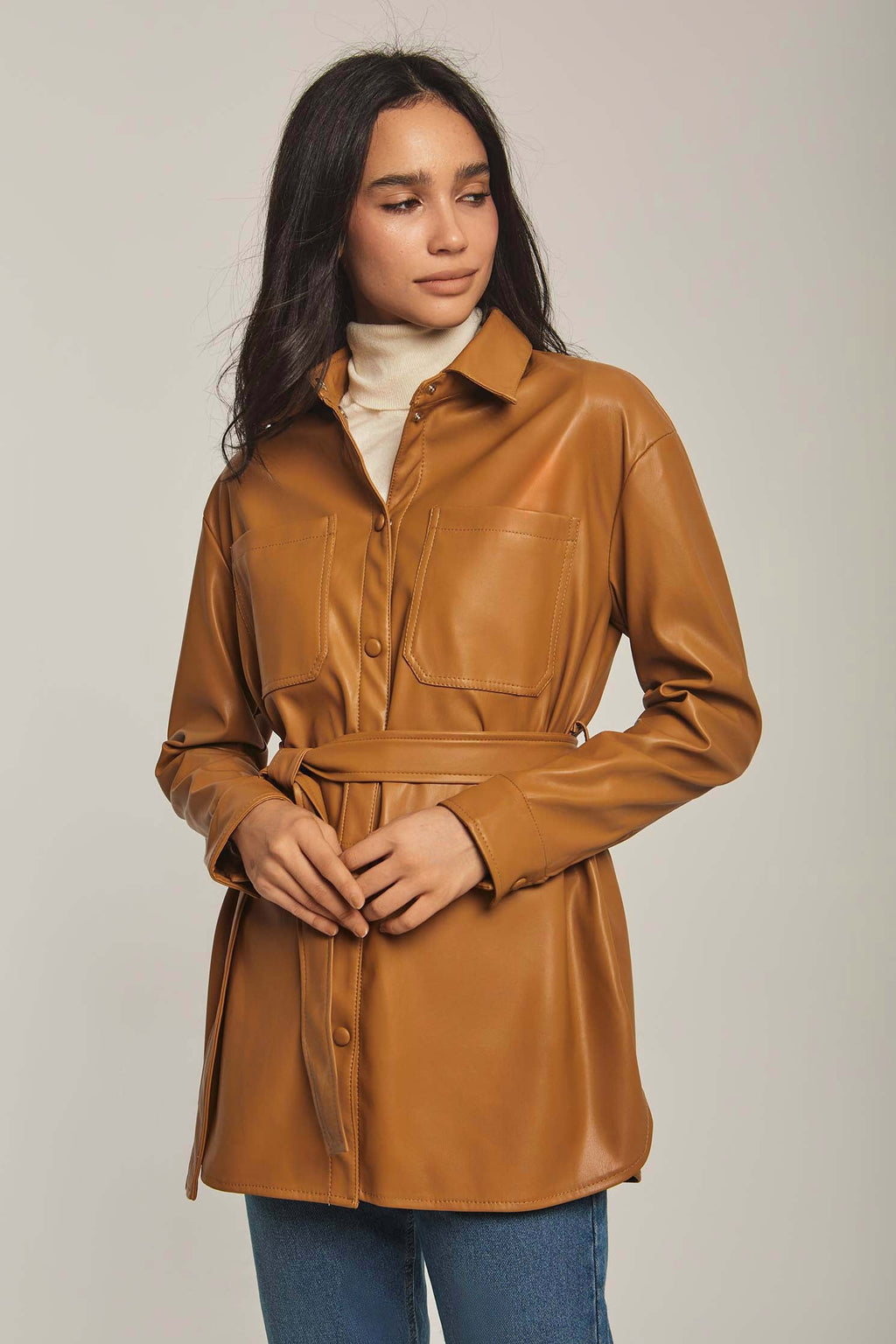 Women Overshirt Leather Long Brown