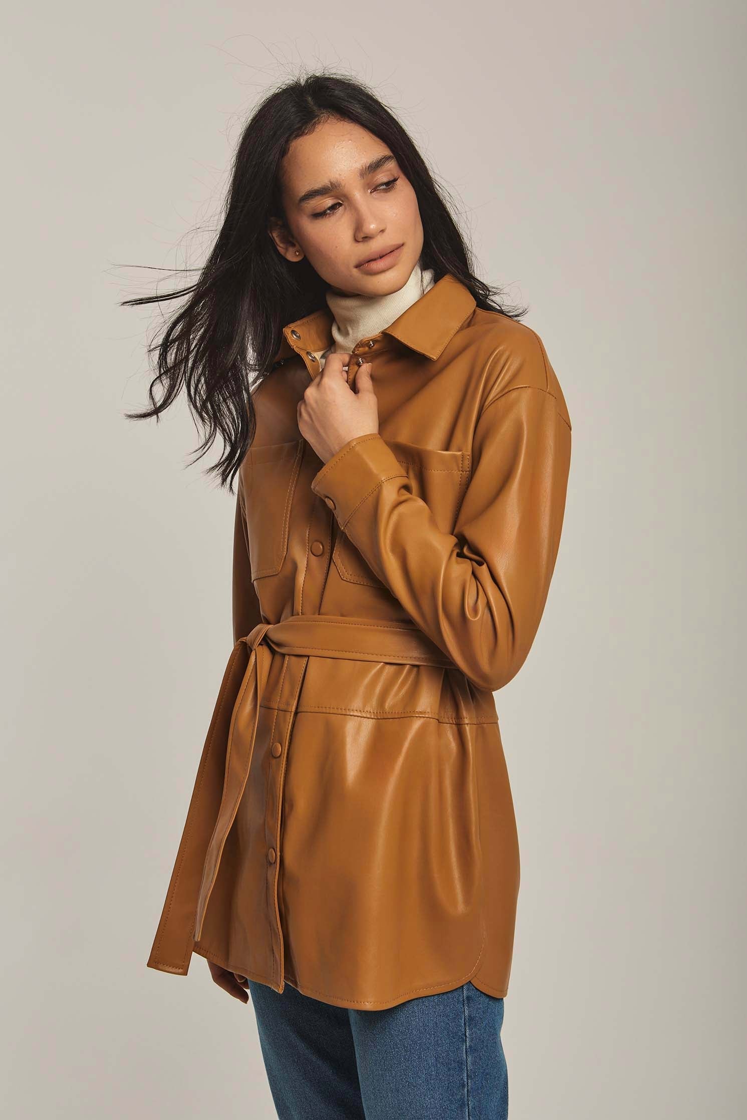 Women Overshirt Leather Long Brown