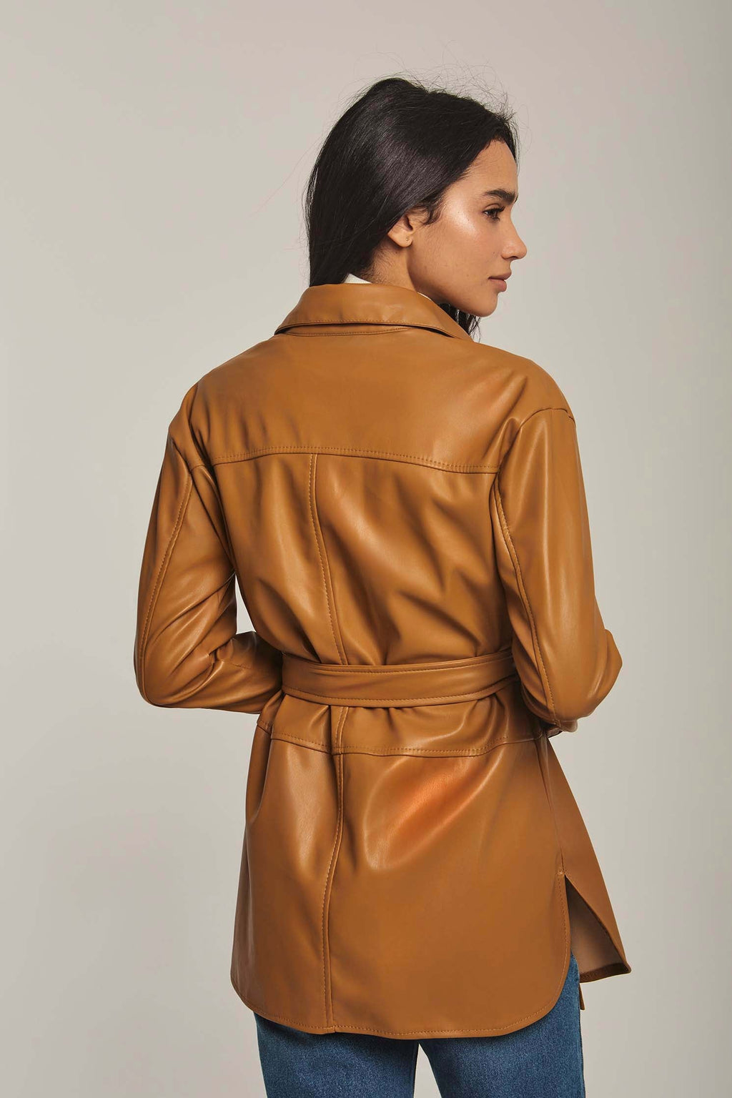 Women Overshirt Leather Long Brown