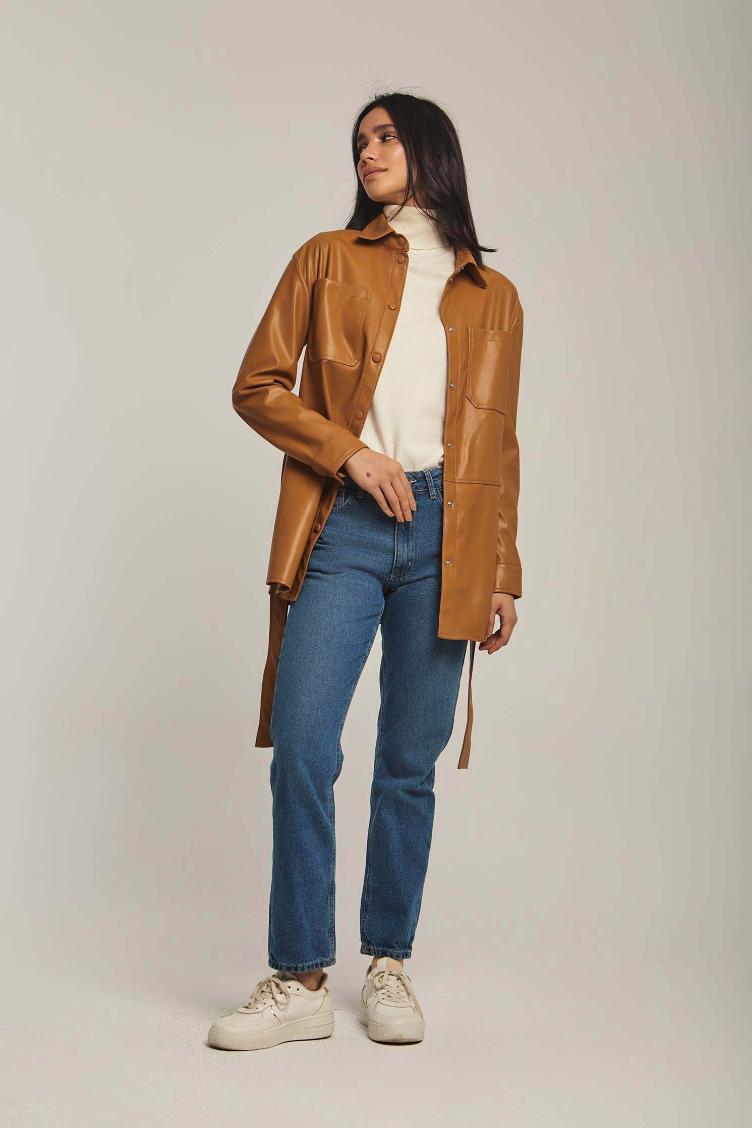 Women Overshirt Leather Long Brown