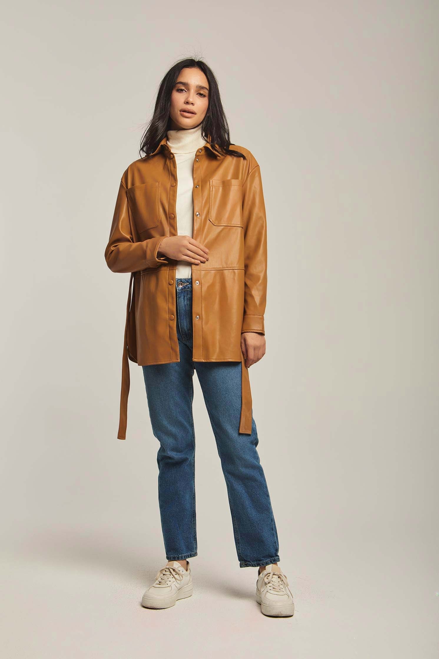 Women Overshirt Leather Long Brown