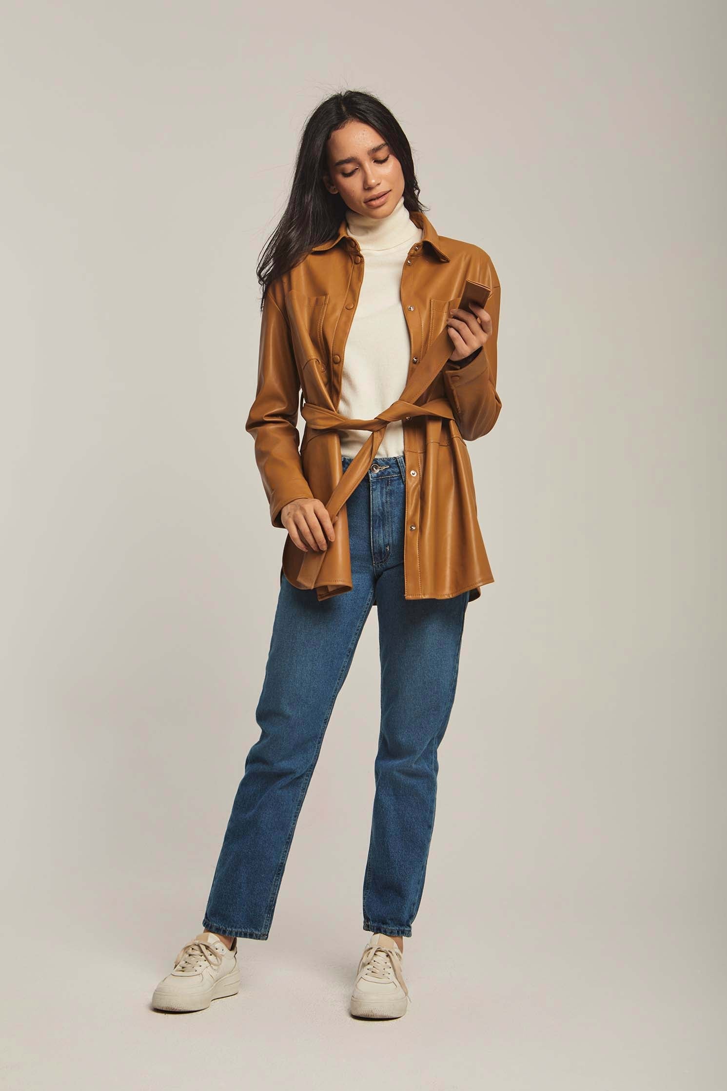 Women Overshirt Leather Long Brown