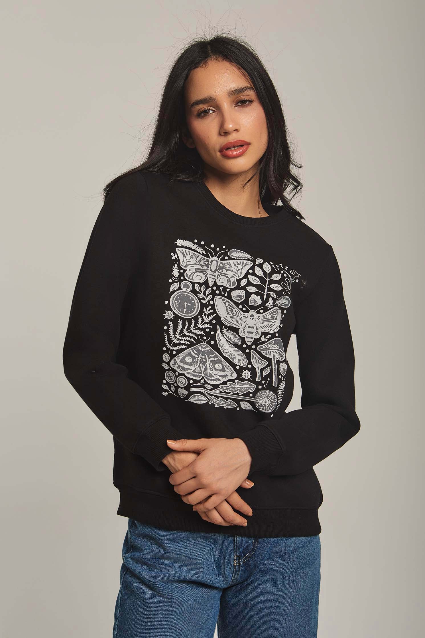 Women Sweat Shirt Long Sleeve Printed Black