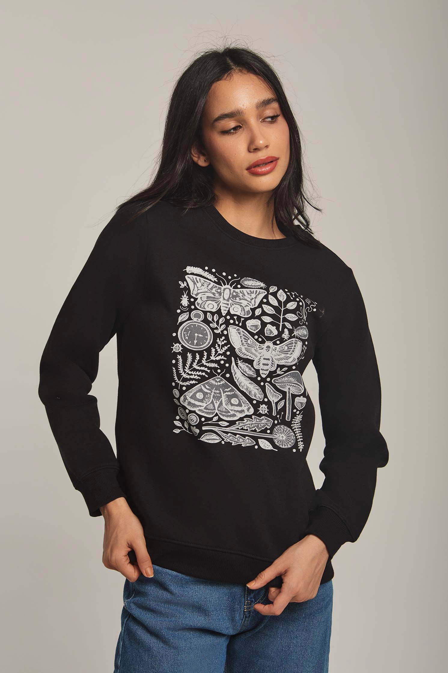 Women Sweat Shirt Long Sleeve Printed Black