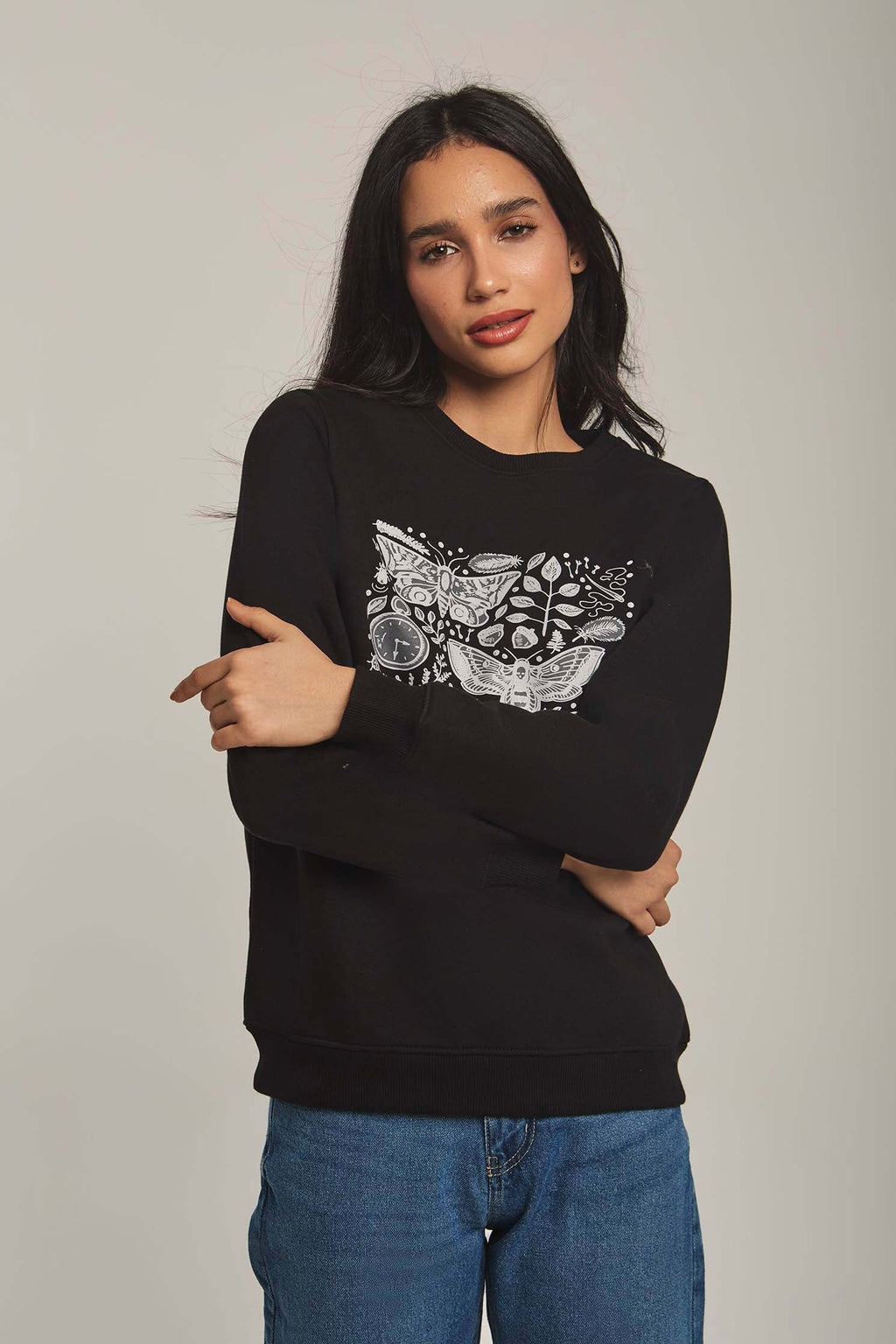 Women Sweat Shirt Long Sleeve Printed Black
