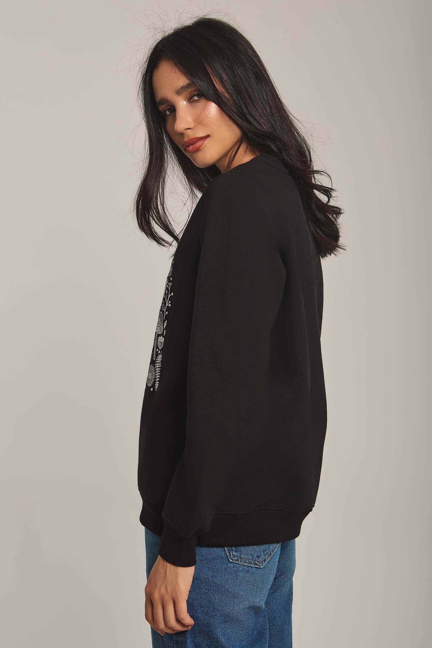 Women Sweat Shirt Long Sleeve Printed Black