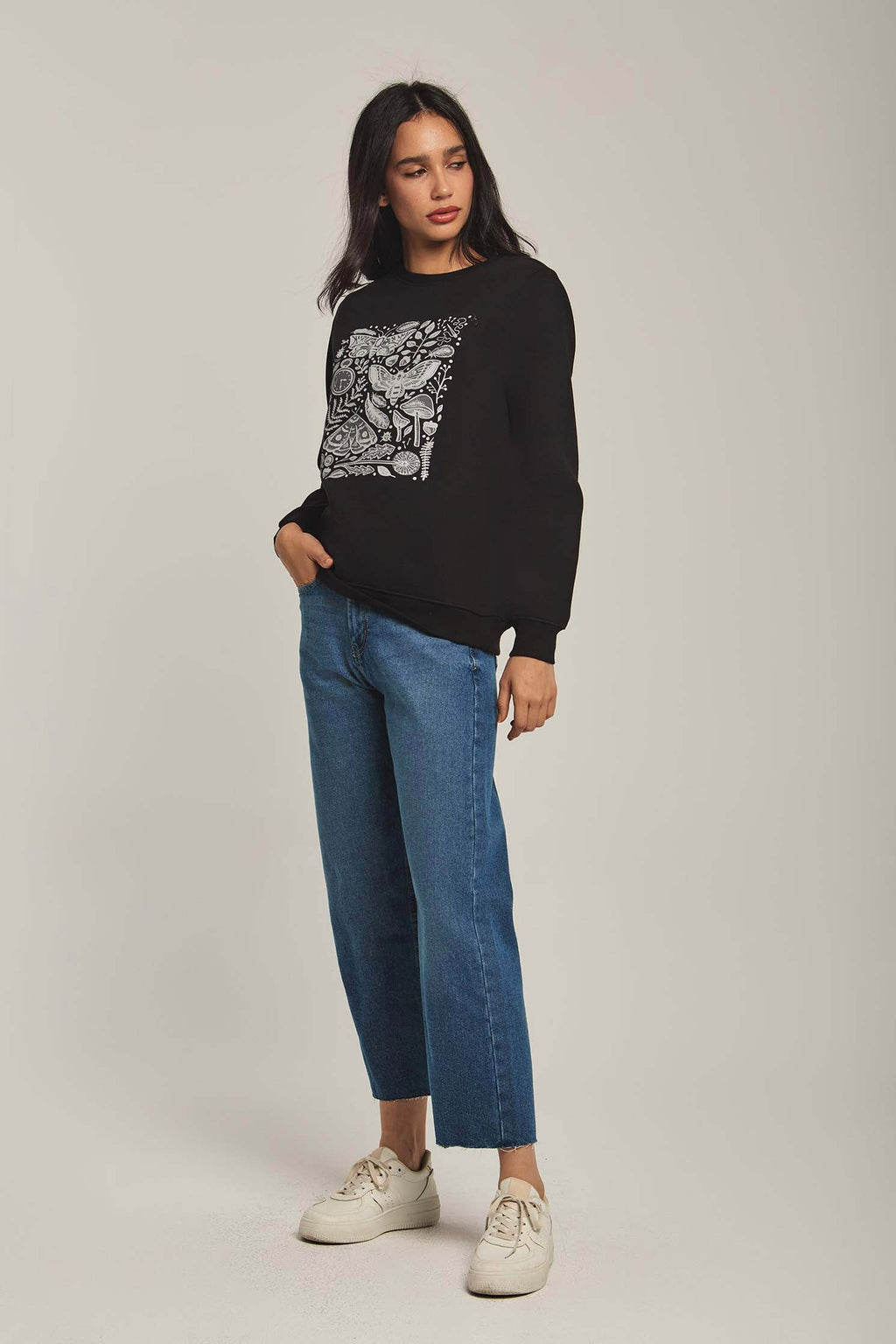 Women Sweat Shirt Long Sleeve Printed Black