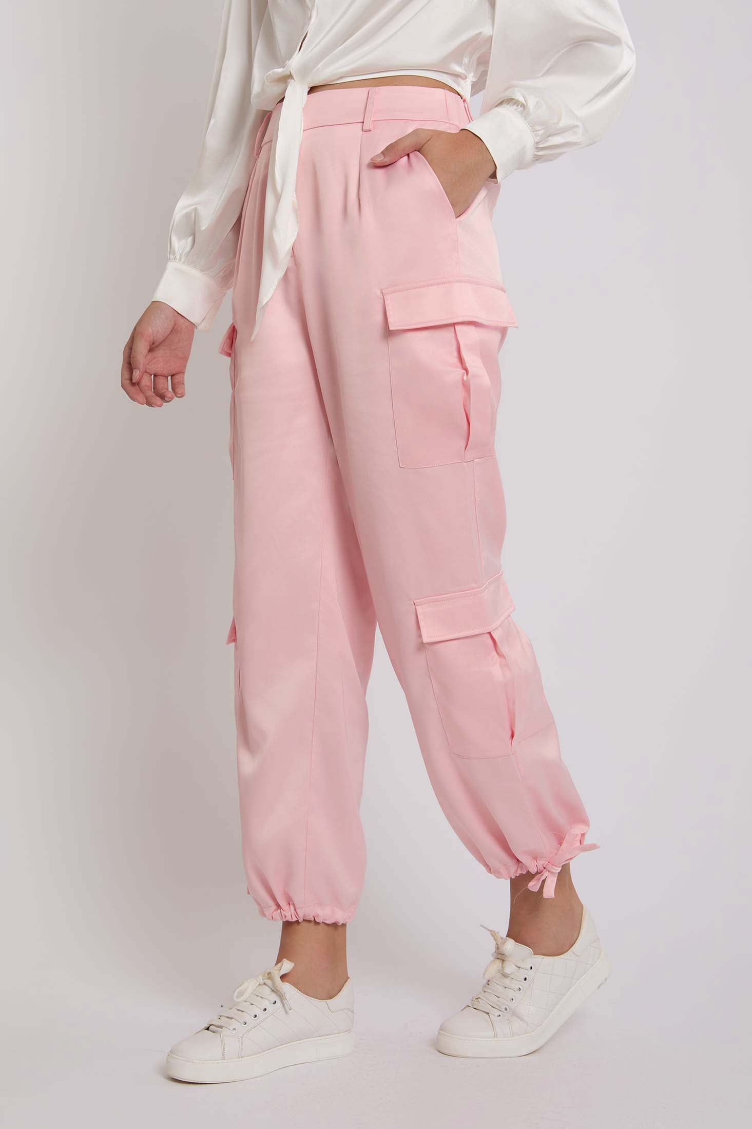 Women-Pant  Satin CargoWomens Pink