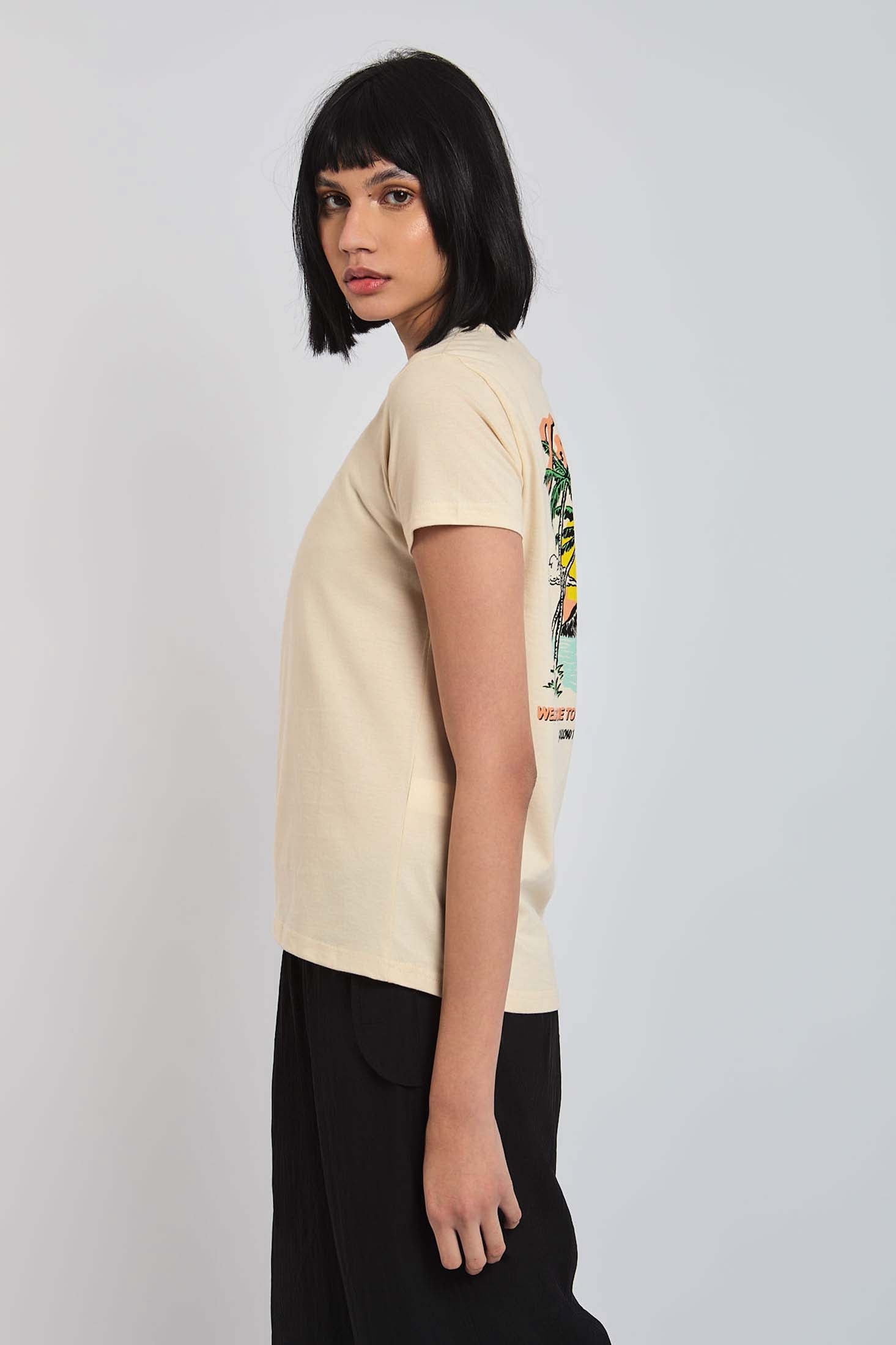Women  T-Shirt  Regular Fit  With Curved Hem Shirt Tail Beige