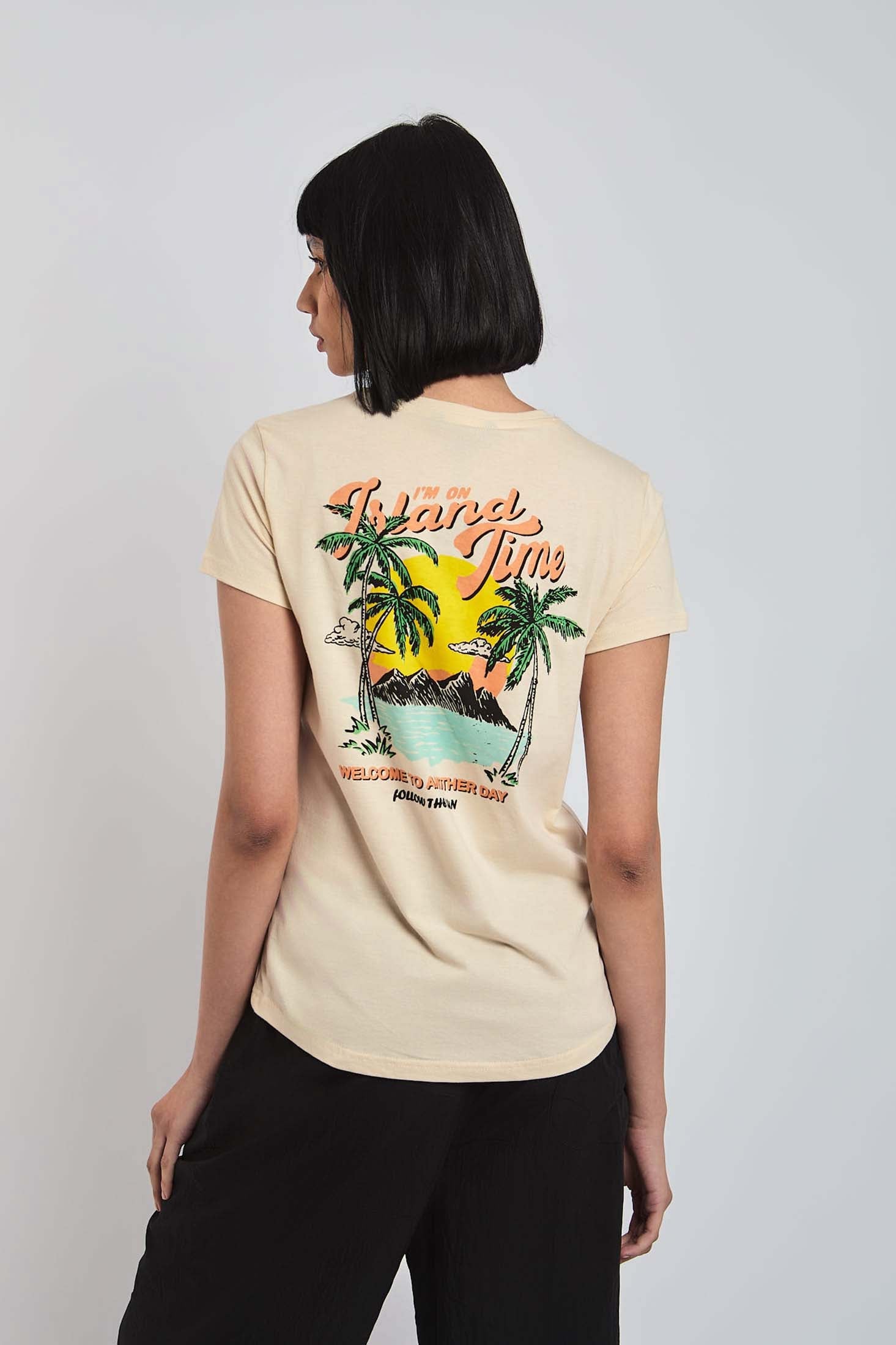 Women  T-Shirt  Regular Fit  With Curved Hem Shirt Tail Beige