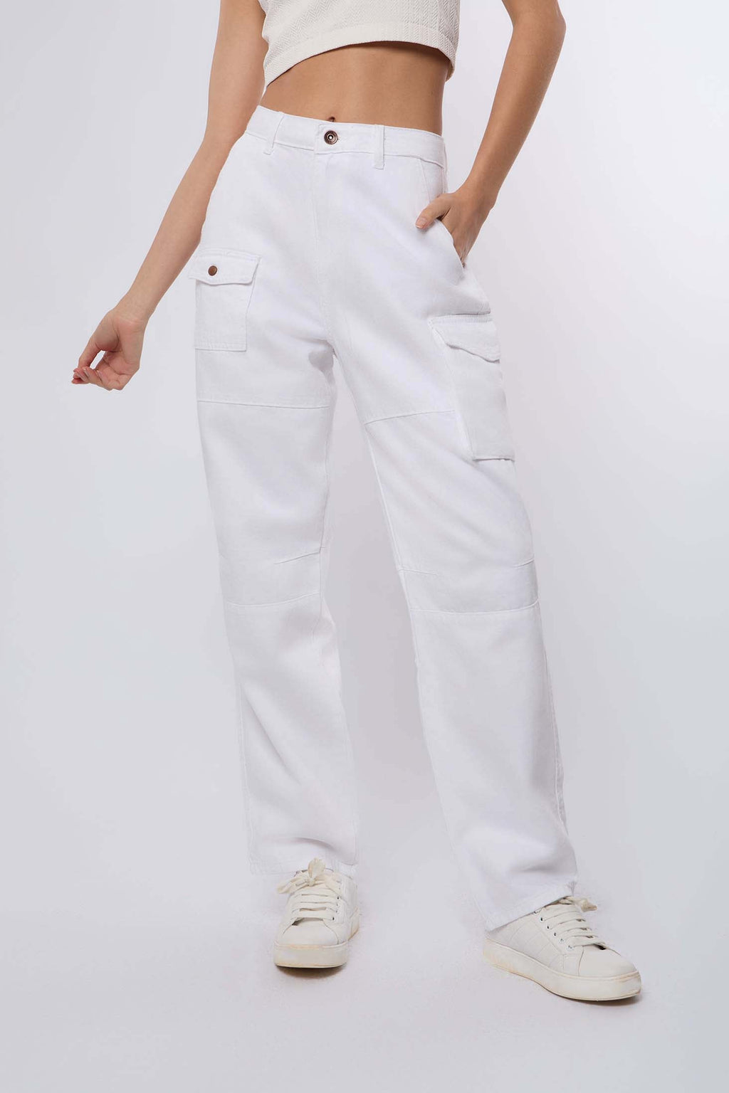 Women Denim Cargo Jeans White