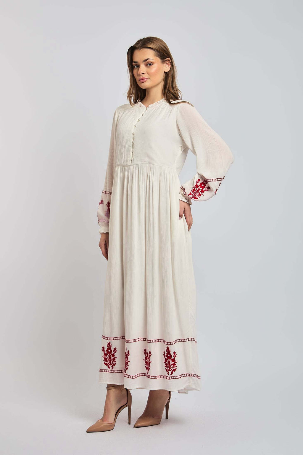 Women Dress Long Sleeve Embroidered White