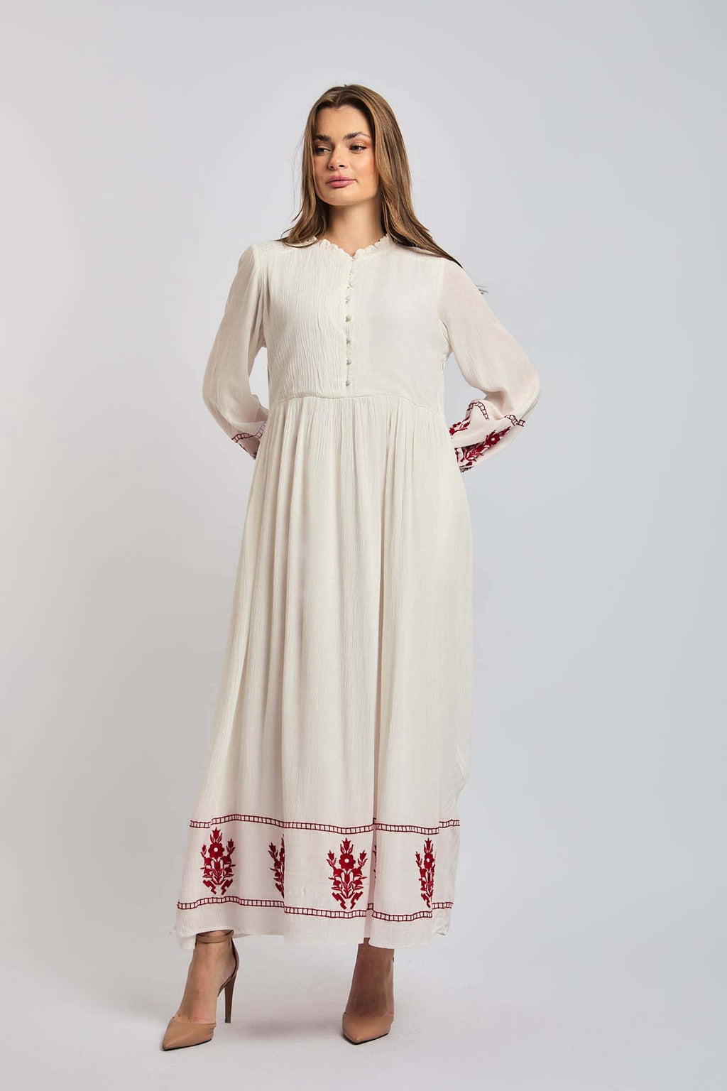 Women Dress Long Sleeve Embroidered White