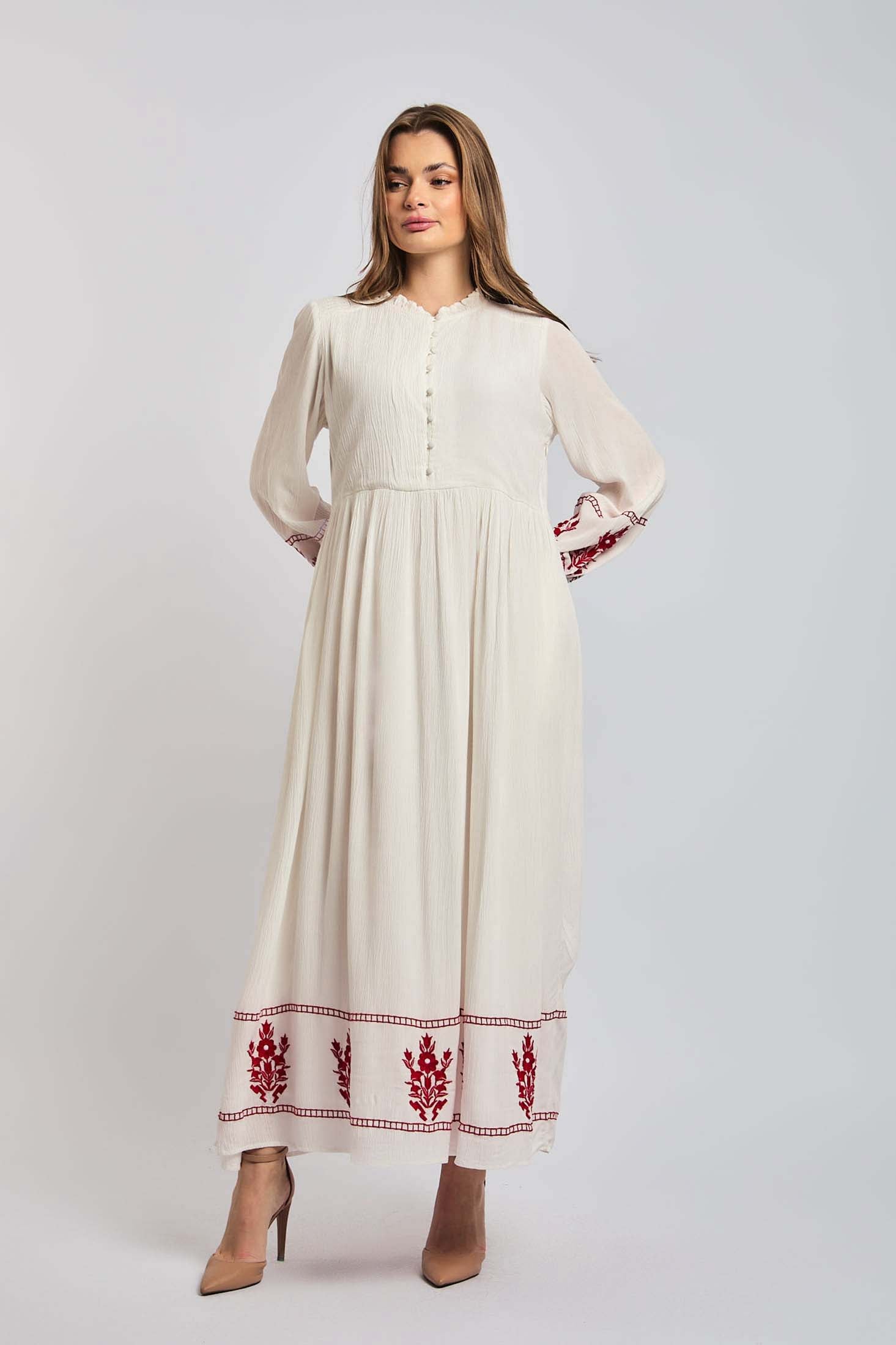 Women Dress Long Sleeve Embroidered White