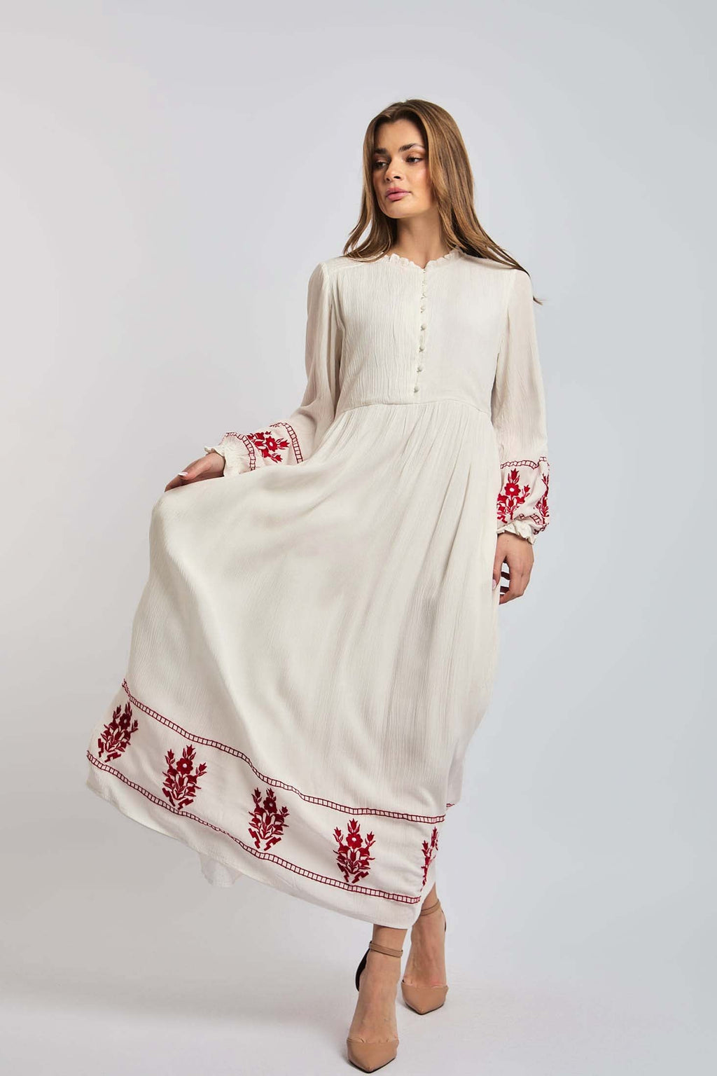 Women Dress Long Sleeve Embroidered White