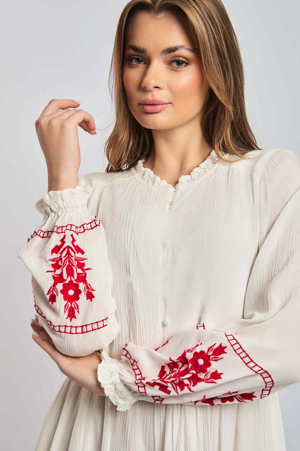 Women Dress Long Sleeve Embroidered White