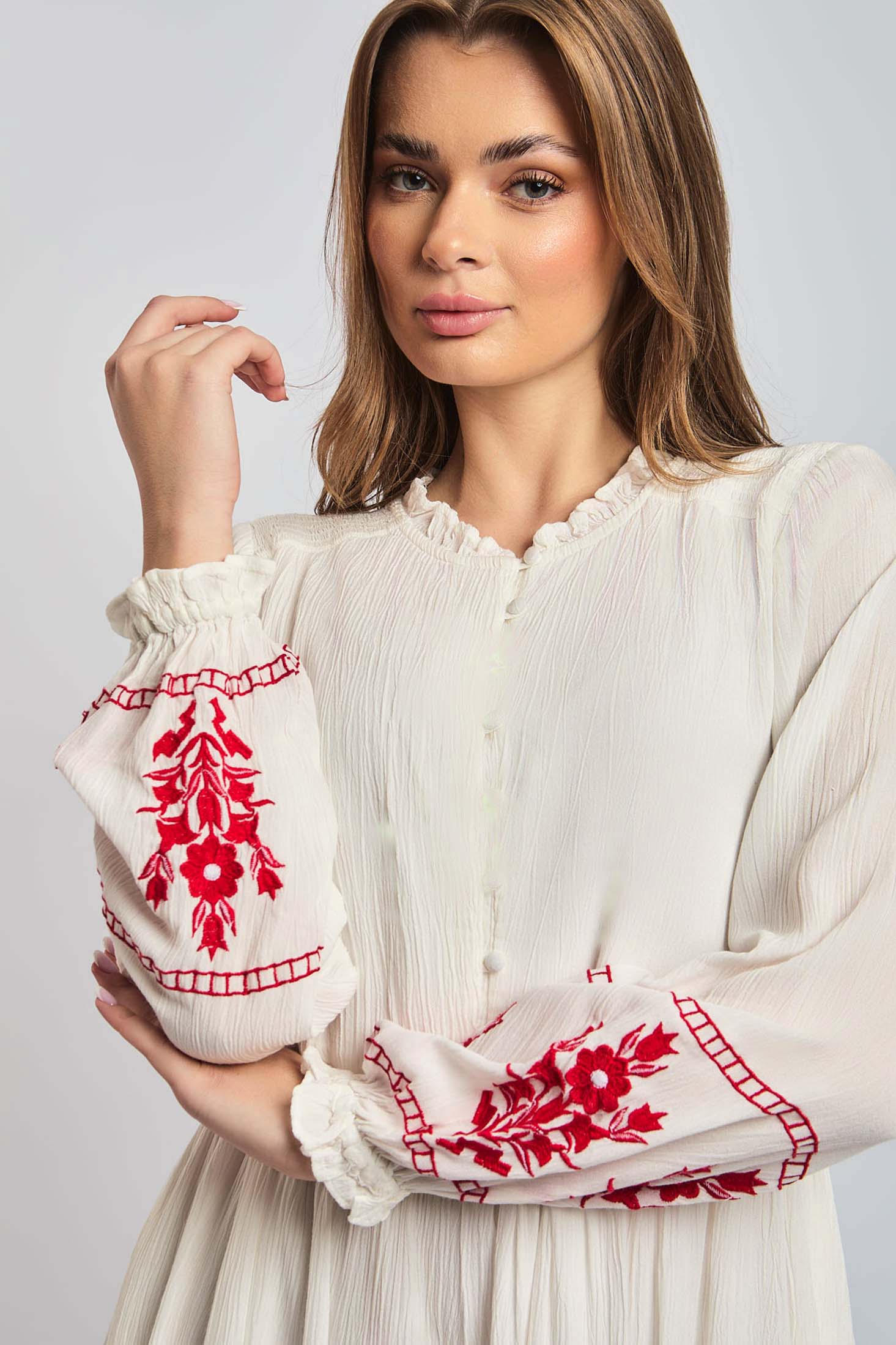 Women Dress Long Sleeve Embroidered White