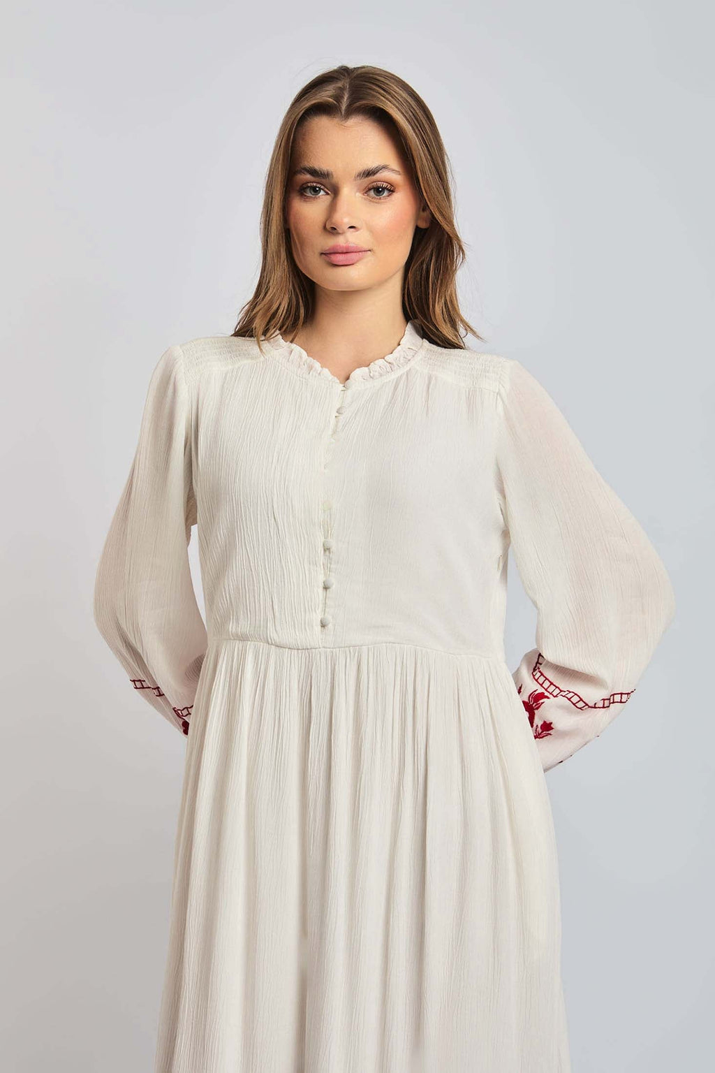 Women Dress Long Sleeve Embroidered White