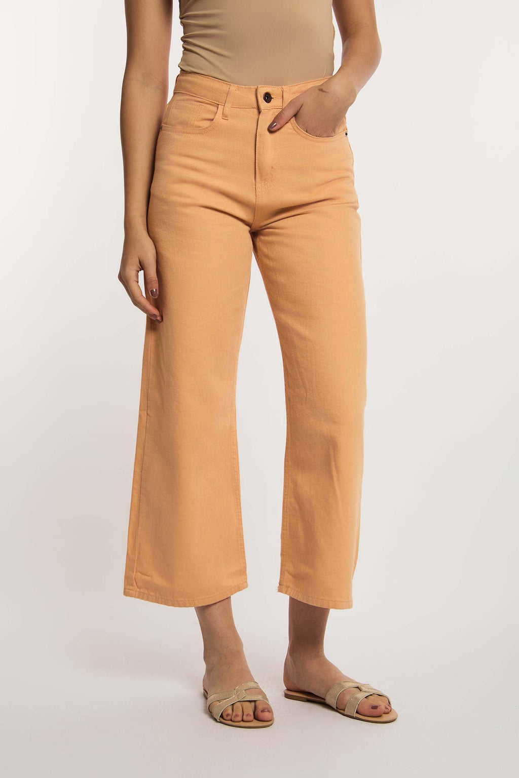 Women-Denim  High Waisted Cropped Wide LegWomen Jeans Pink