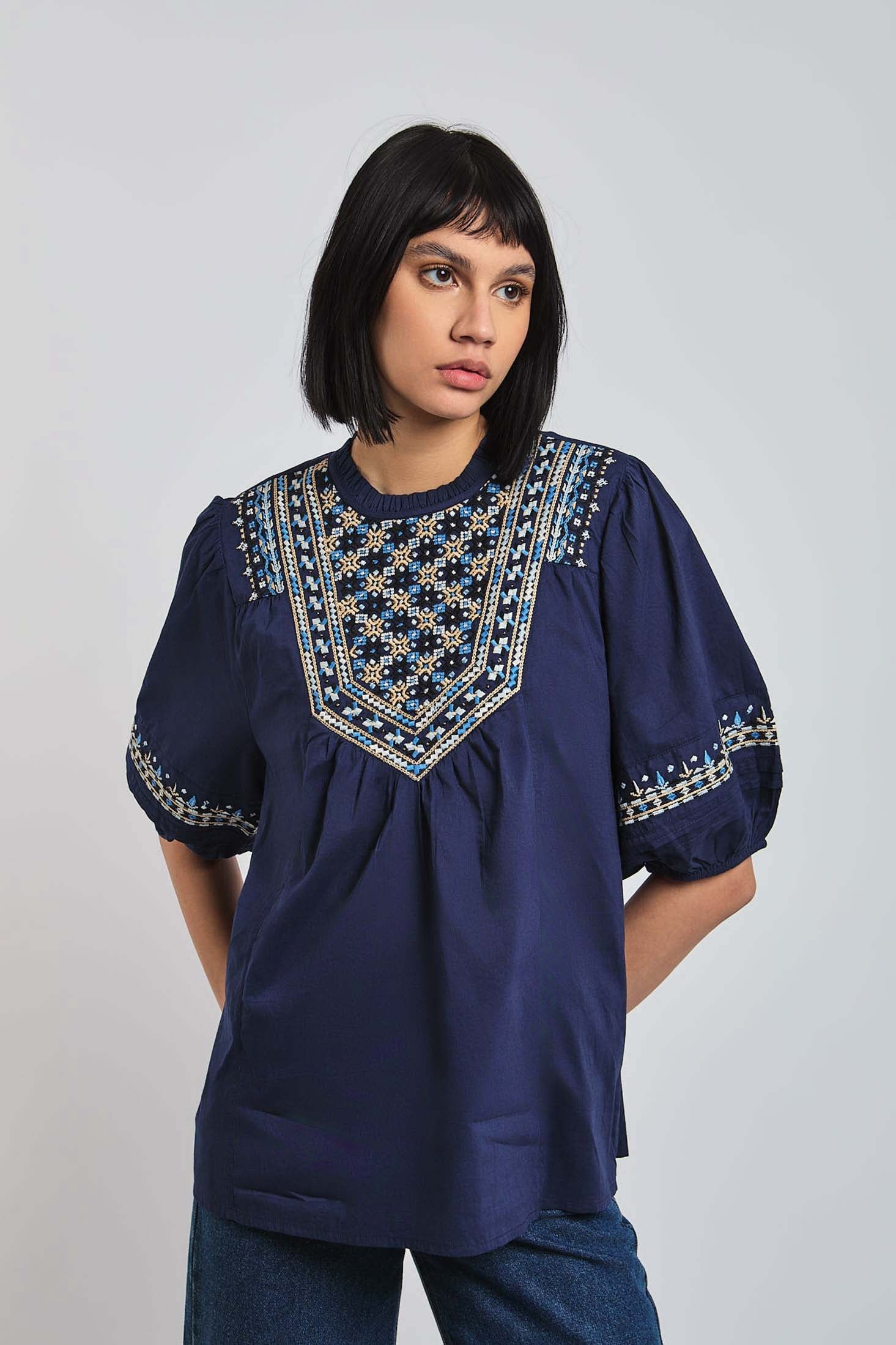 Women Blouse short Sleeve Crew Neck Navy