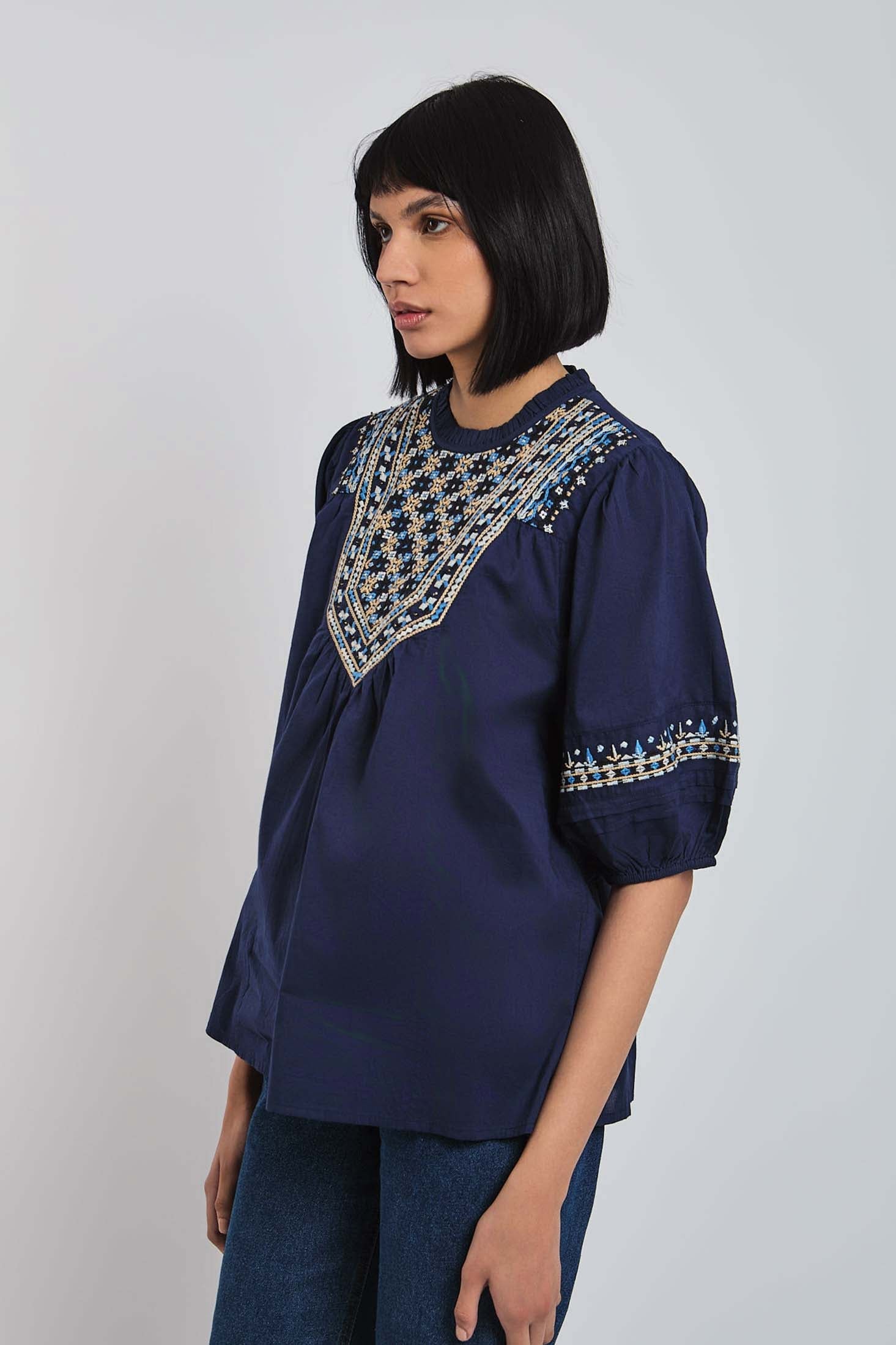 Women Blouse short Sleeve Crew Neck Navy