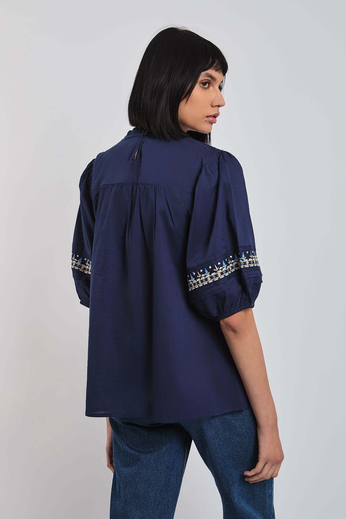 Women Blouse short Sleeve Crew Neck Navy