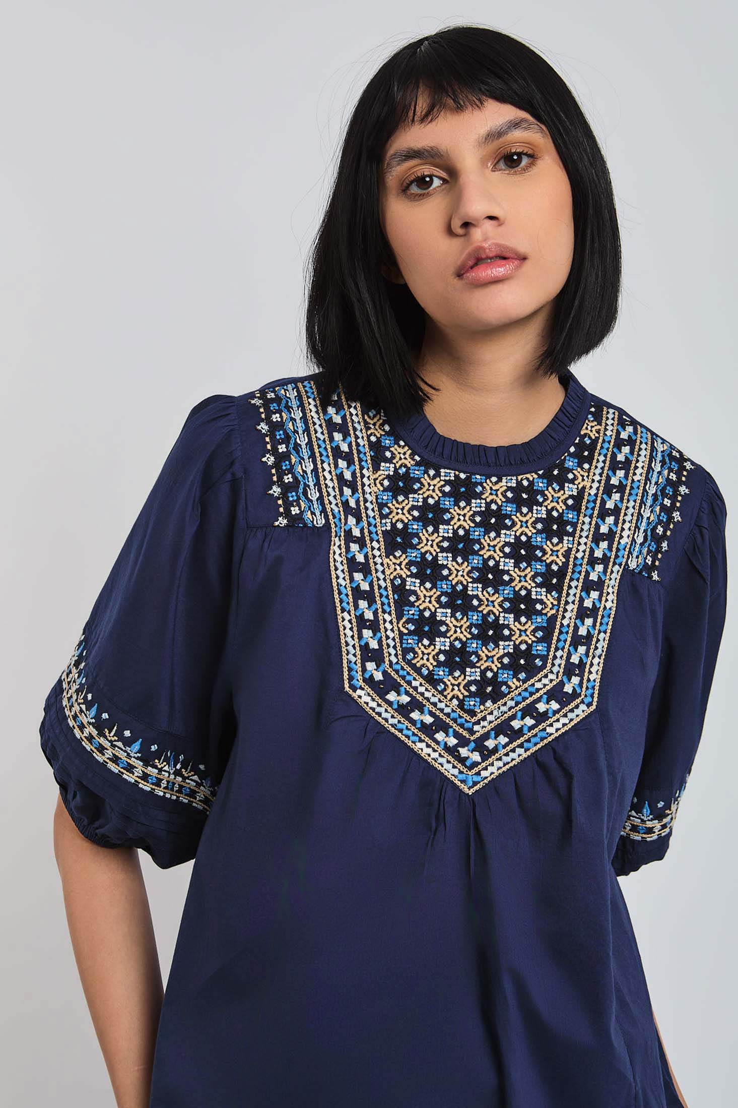 Women Blouse short Sleeve Crew Neck Navy