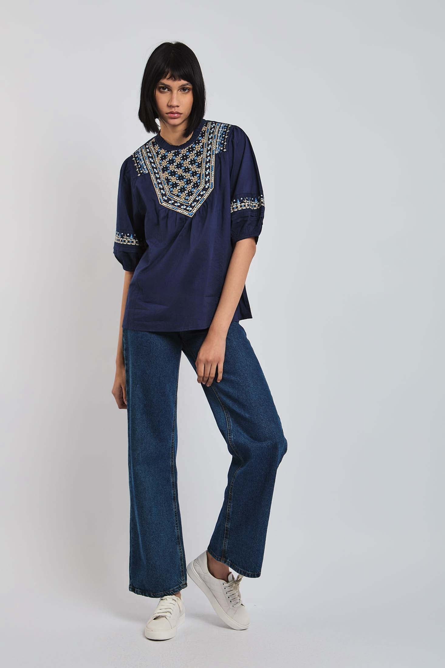 Women Blouse short Sleeve Crew Neck Navy