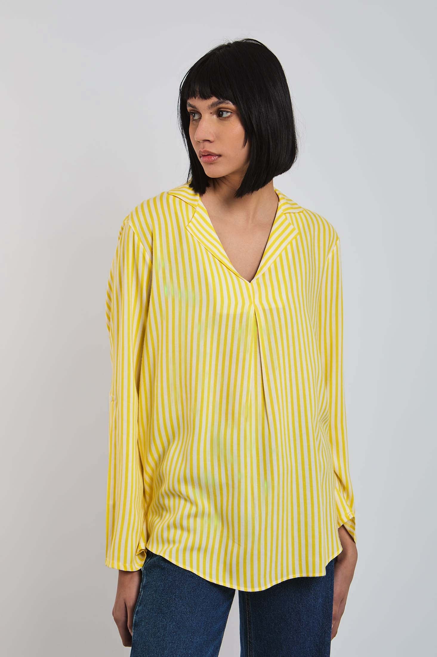 Women Blouse  Long Sleeve Striped Viscose Yellow