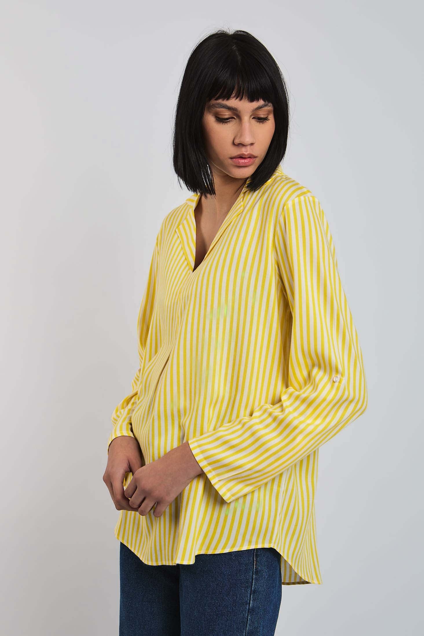 Women Blouse  Long Sleeve Striped Viscose Yellow