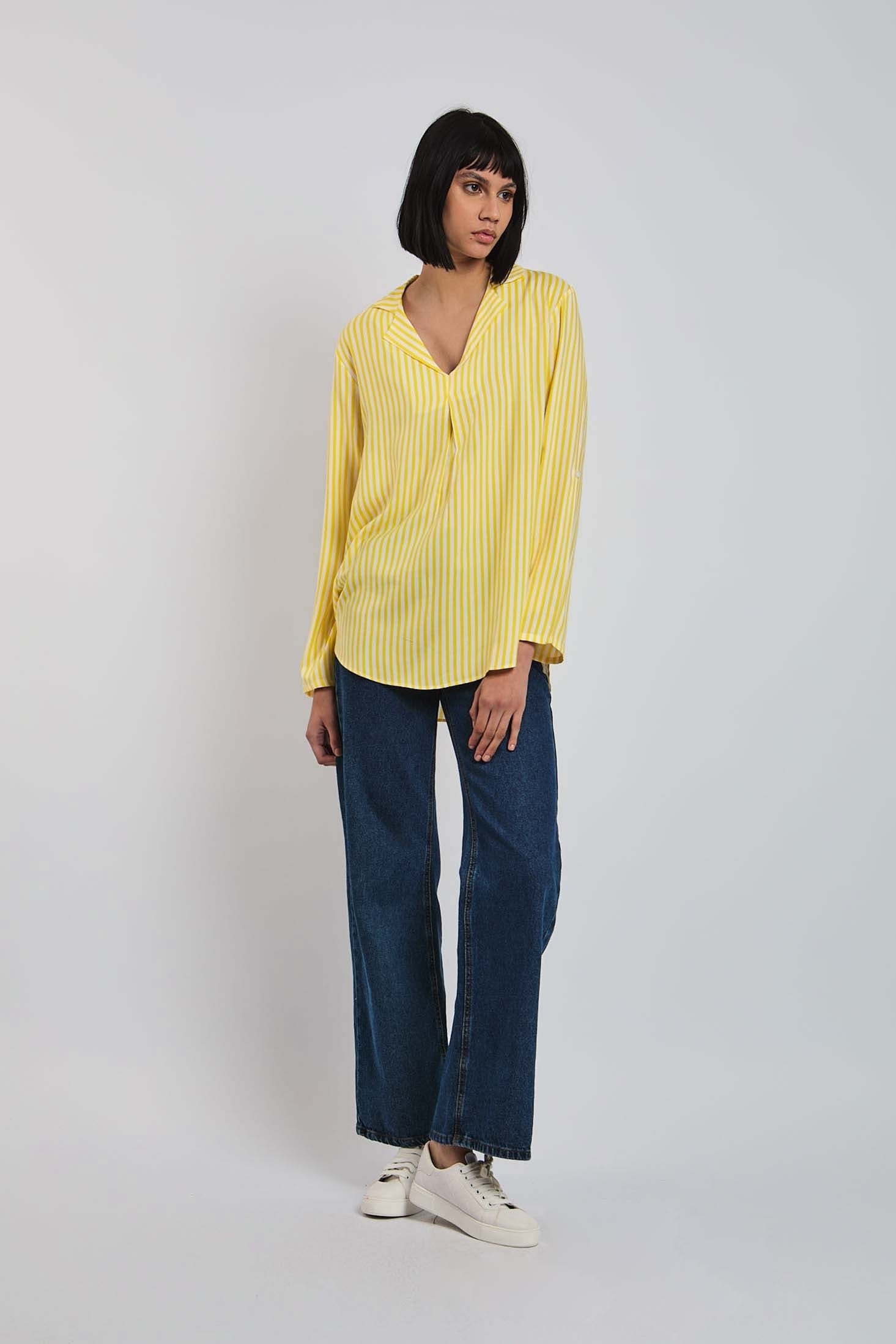 Women Blouse  Long Sleeve Striped Viscose Yellow