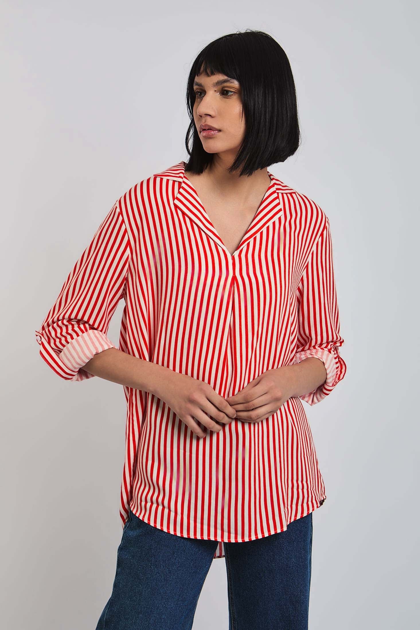 Women Blouse Long Sleeve Striped Viscose Shirt Red