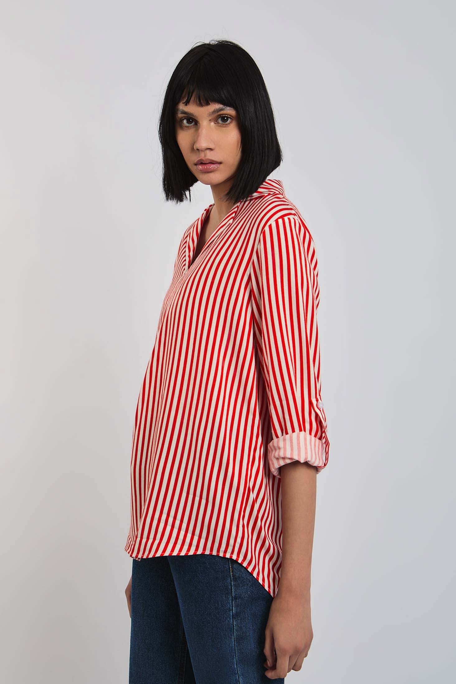 Women Blouse Long Sleeve Striped Viscose Shirt Red