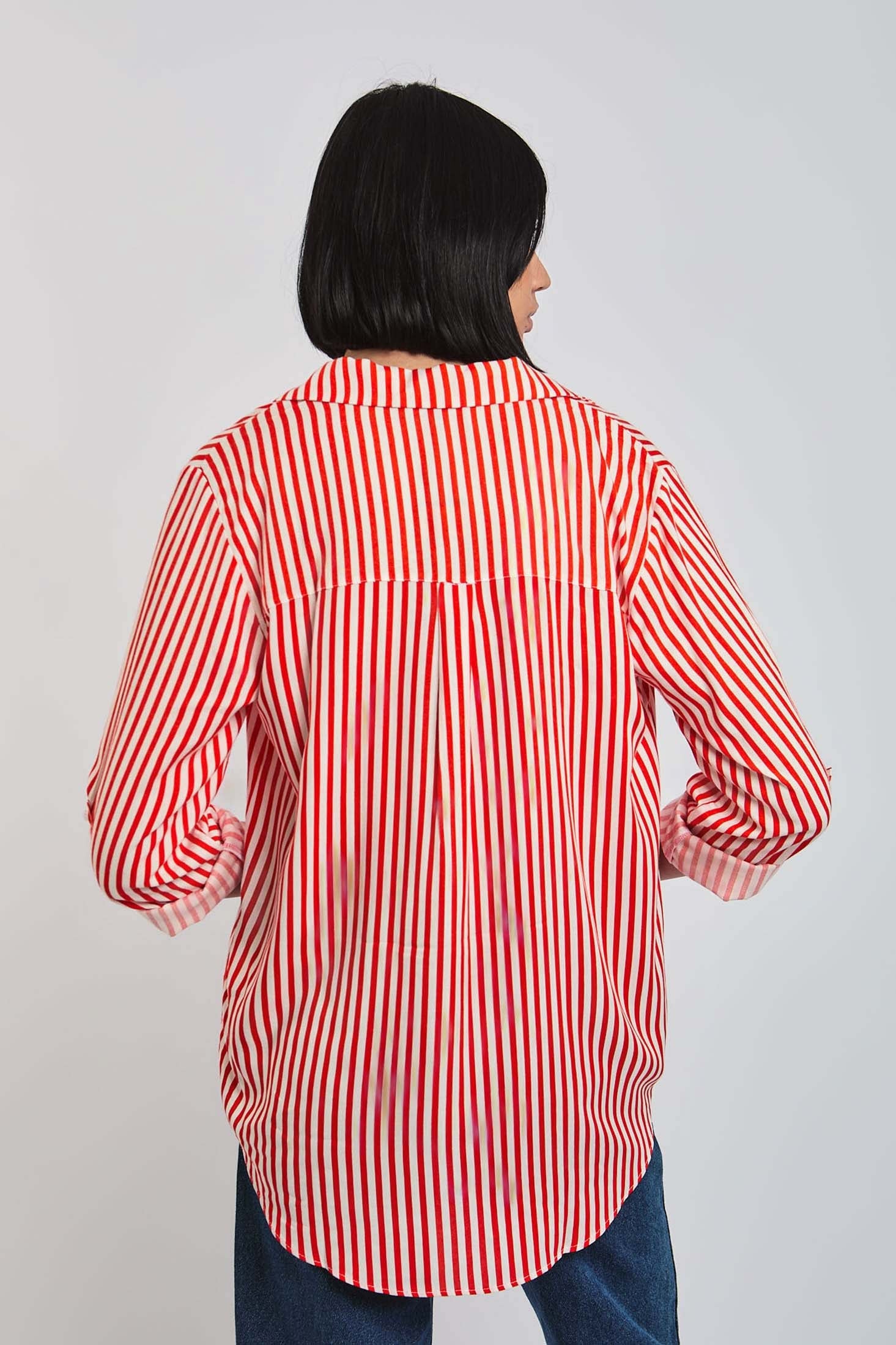 Women Blouse Long Sleeve Striped Viscose Shirt Red