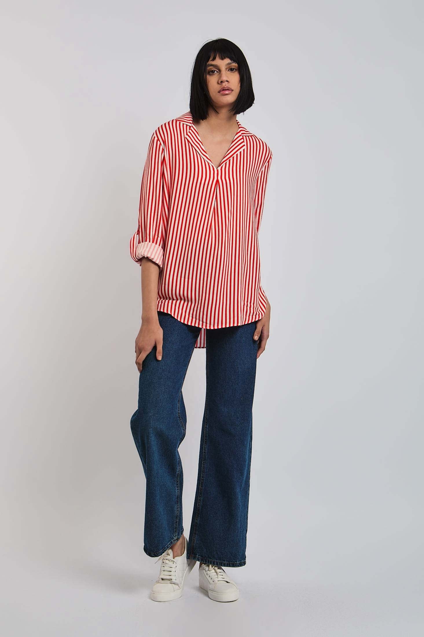 Women Blouse Long Sleeve Striped Viscose Shirt Red