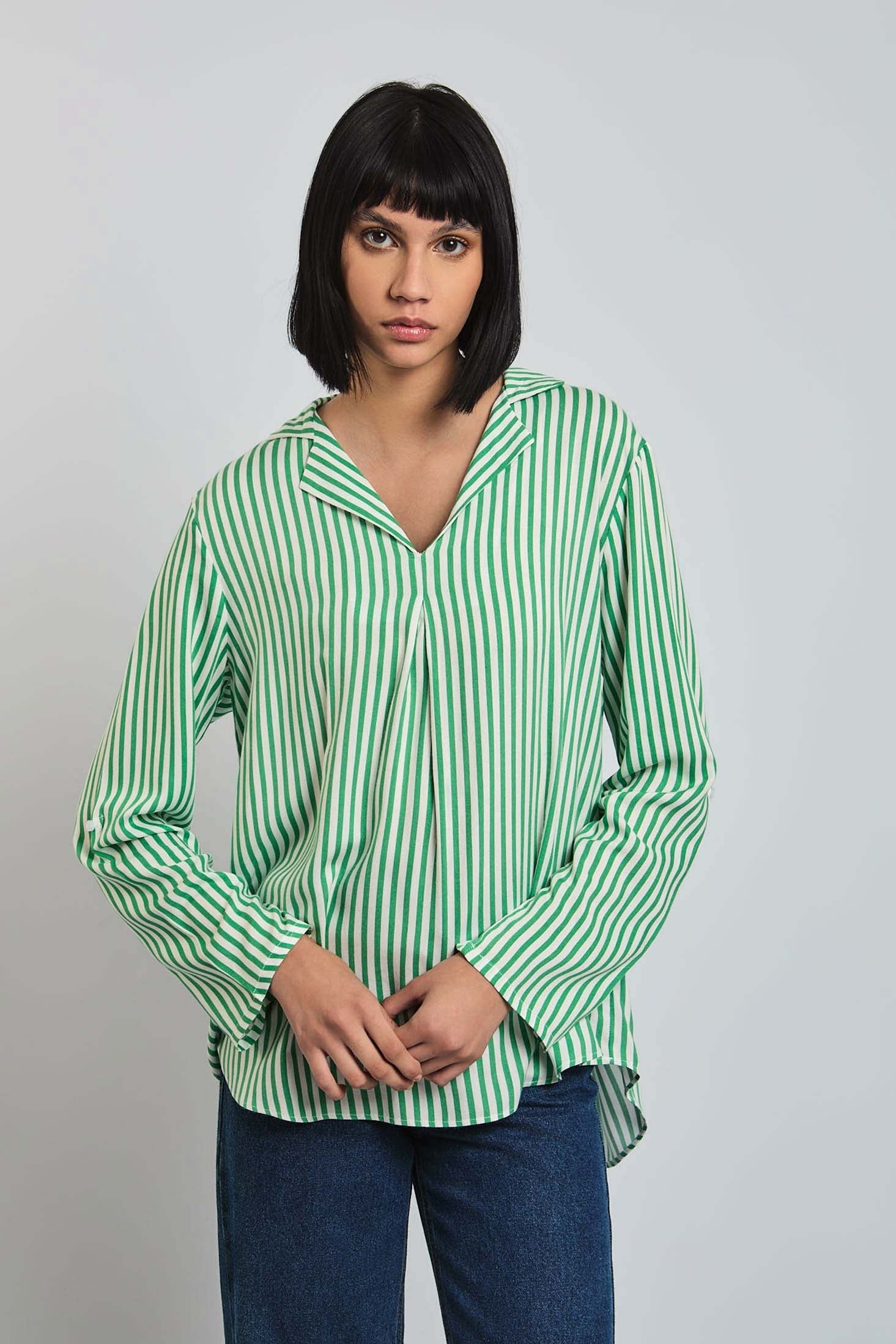 Women Blouse Long Sleeve Striped Viscose Green